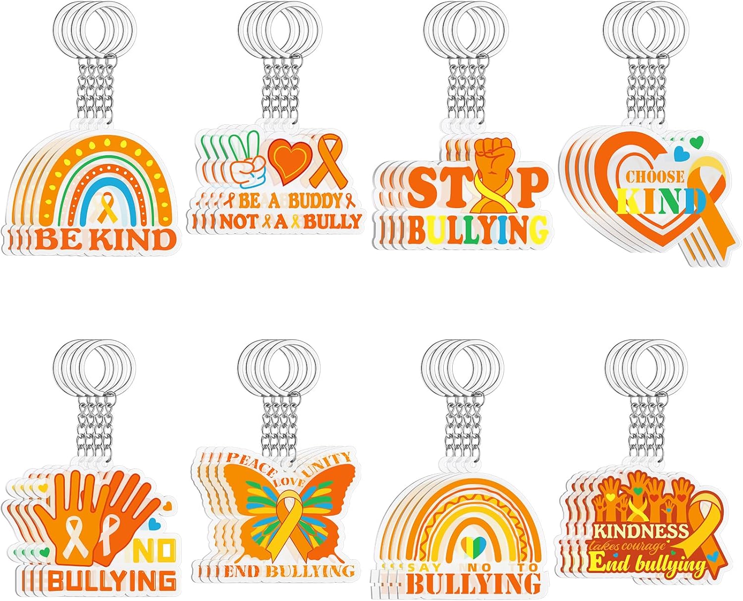 120 Pcs Acrylic Against Bullying Awareness Gifts for Women Anti Bullying Keychain Orange Inspirational Keychain with Butterfly Ribbon Awareness Fundraising
