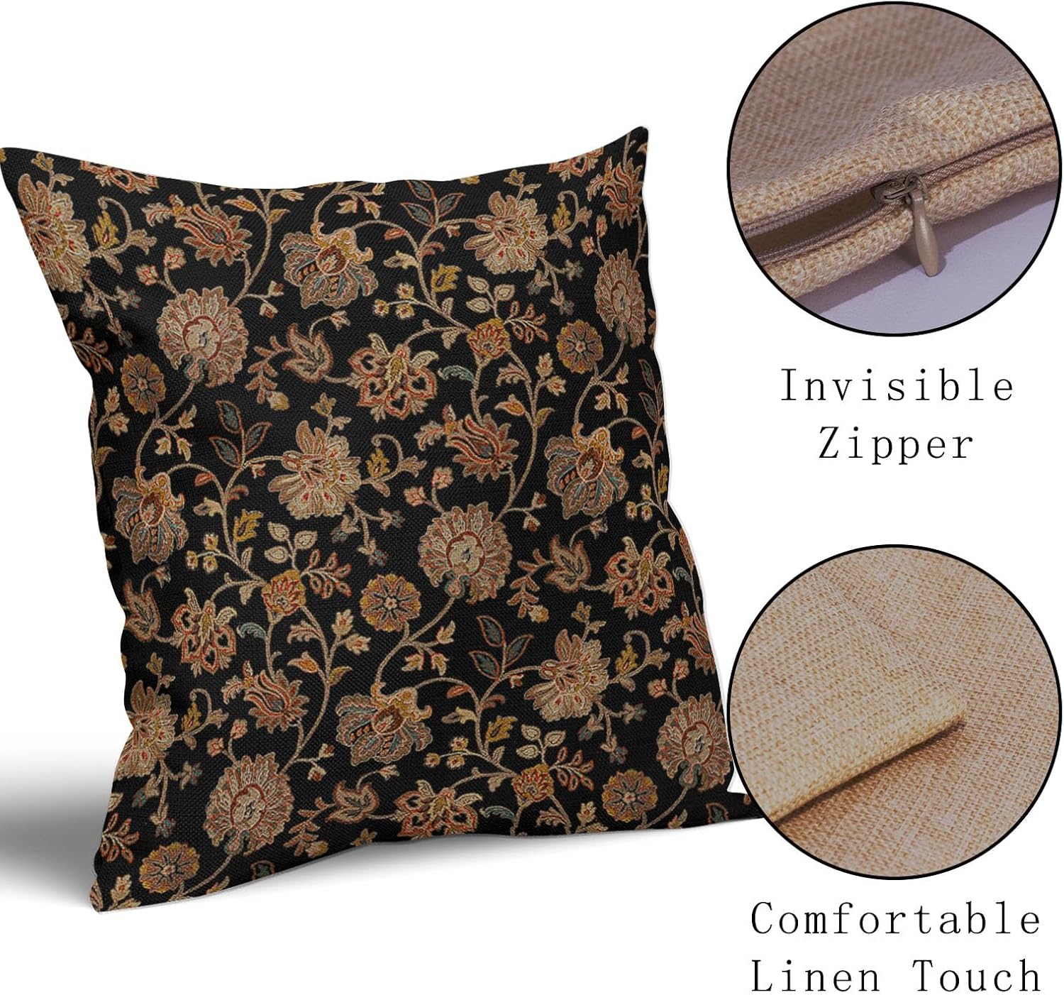 aportt Black Brown Floral Pillow Covers 22X22 Inch Set of 2 Vintage Boho Carpet Flowers Decorative Pillow Cases Leaves Plant Cotton Linen Cushion Case Farmhouse Home Decor for Sofa Couch Living Room - Image 3