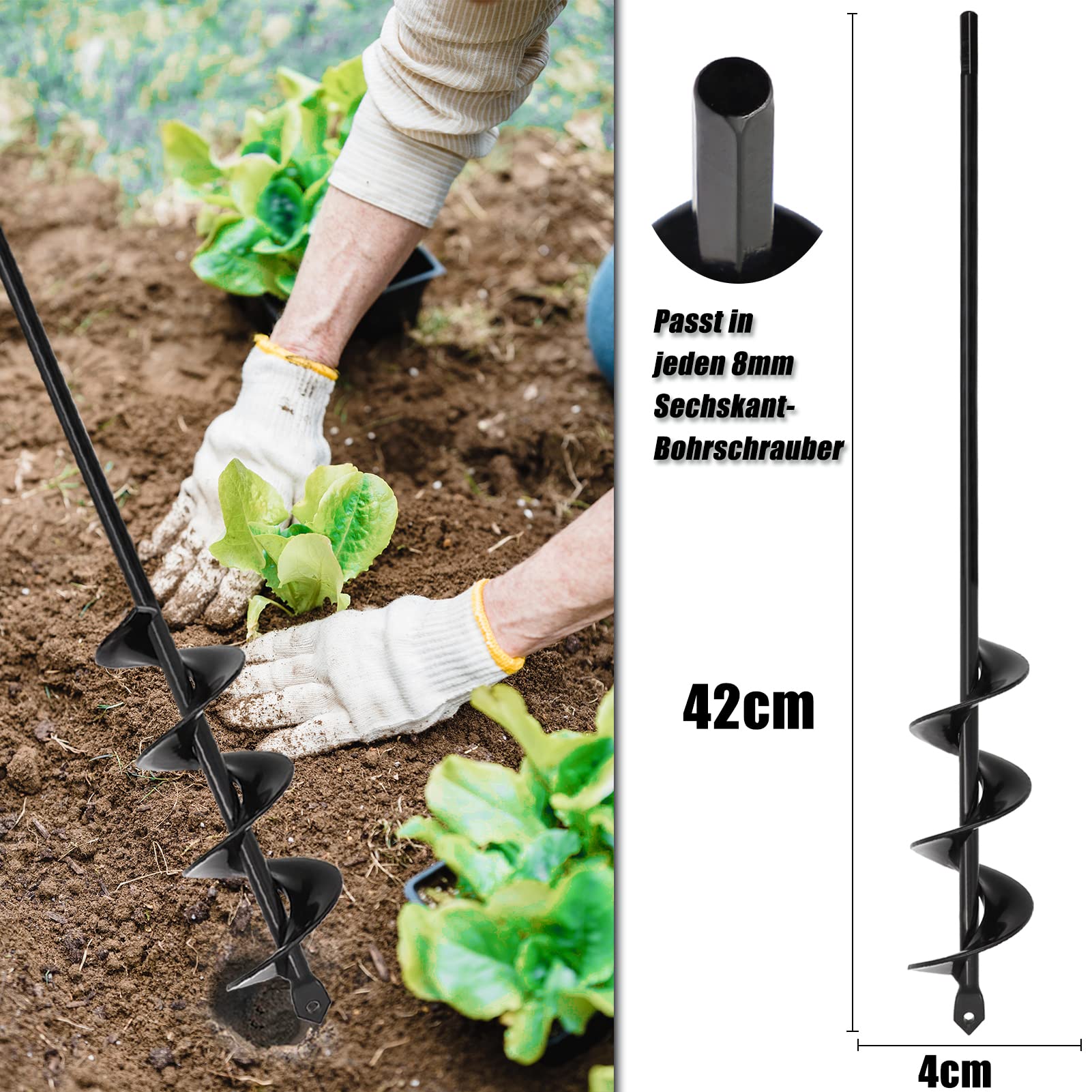 Broca helicoidal de jardín 4 x 42 + 9 x 40 cm para taladro y atornillador inalámbrico con flor, caracol para cavar