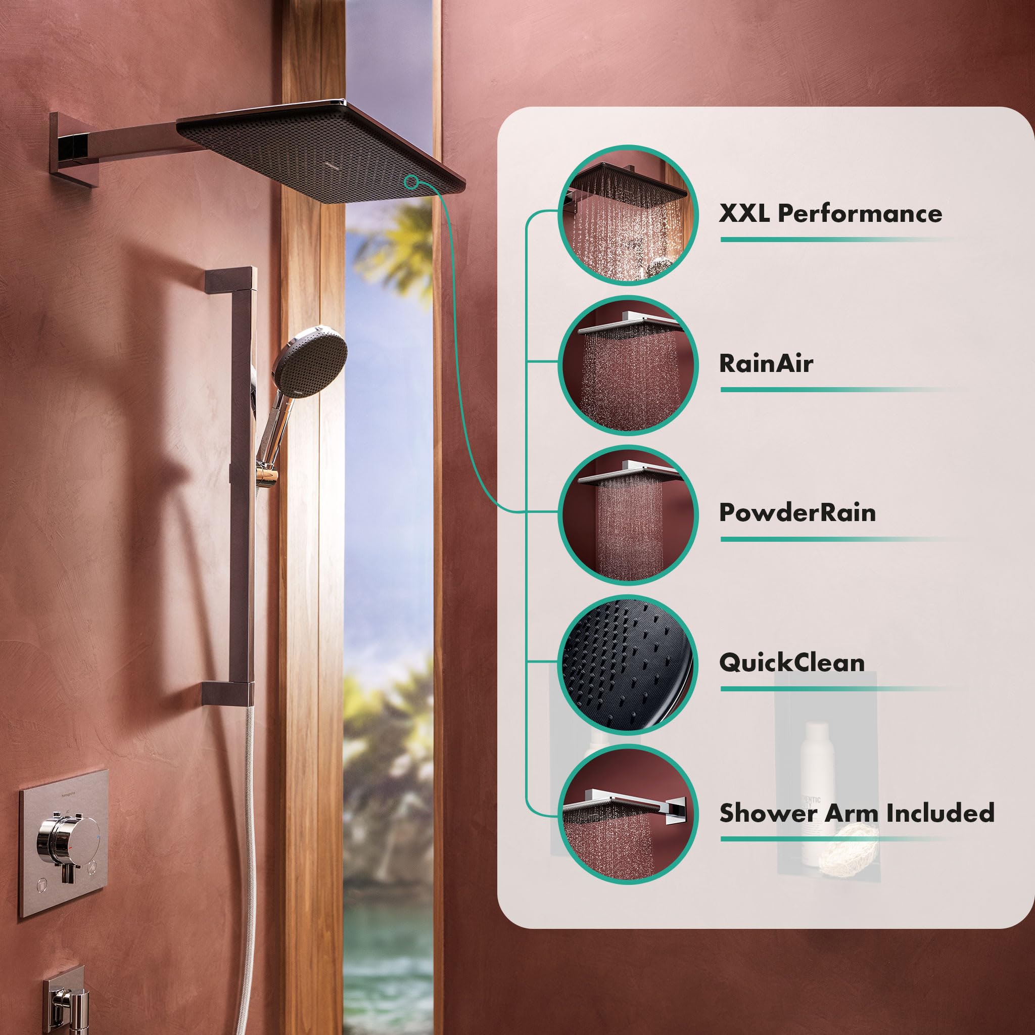 hansgrohe Raindance Alive Q - rociador de ducha con brazo de ducha, ducha fija (210 x 340 mm), cabezal de ducha lluvia con 2 tipos de chorro incl. PowderRain para conexión pared, cromo, 24550000