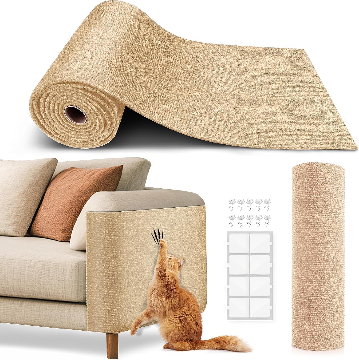 Cat Scratcher, 200 * 40cm Self Adhesive Scratching Mat, Cat Sofa Protector, Wall Mounted Scratcher for Stop Scratching Furniture,Replacement Pads, Pet Accessories for Indoor(Khaki)