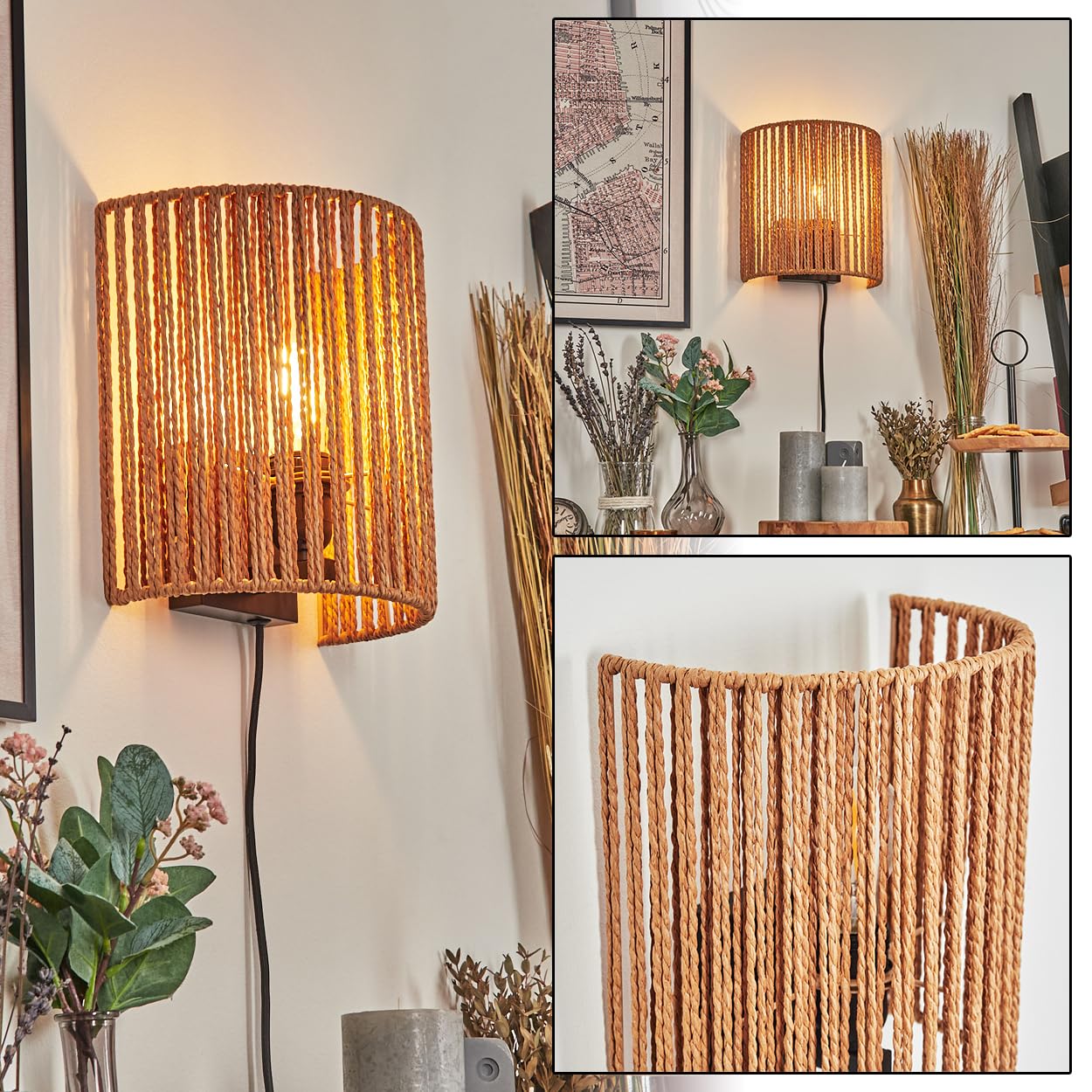 Wandleuchte Colmeal, Wandlampe aus Metall/Seil/Bast in Schwarz/Natur, Leuchte im Boho-Design, Wandleuchte mit Stecker und Schalter, abnehmbares Kabel, UP&Down Lichteffekt, 1x E27, ohne Leuchtmittel
