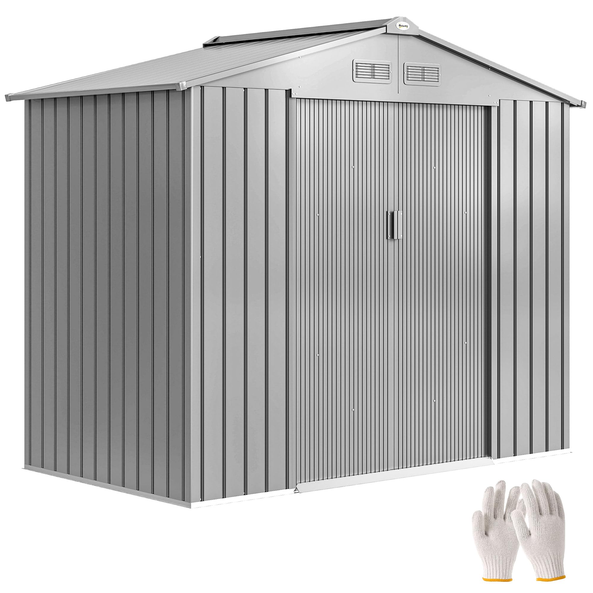 Outsunny 7 x 4ft Metal Garden Shed, Waterproof Outdoor Bike Storage Shed Galvanised with Vents, Foundation Kit, Apex Roof and Lockable Double Doors for Patio Lawn, Light Grey