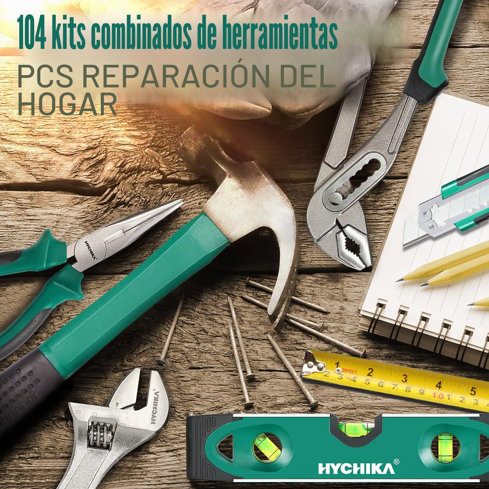 Taladro Atornillador 12V, HYCHIKA 104pcs Taladro Bateria Kit Herramientas Bricolaje, 1,5Ah destornillador electrico, 30N.m Par Máx, 1 Hora de Carga Rápida, Caja Herramientas Completa