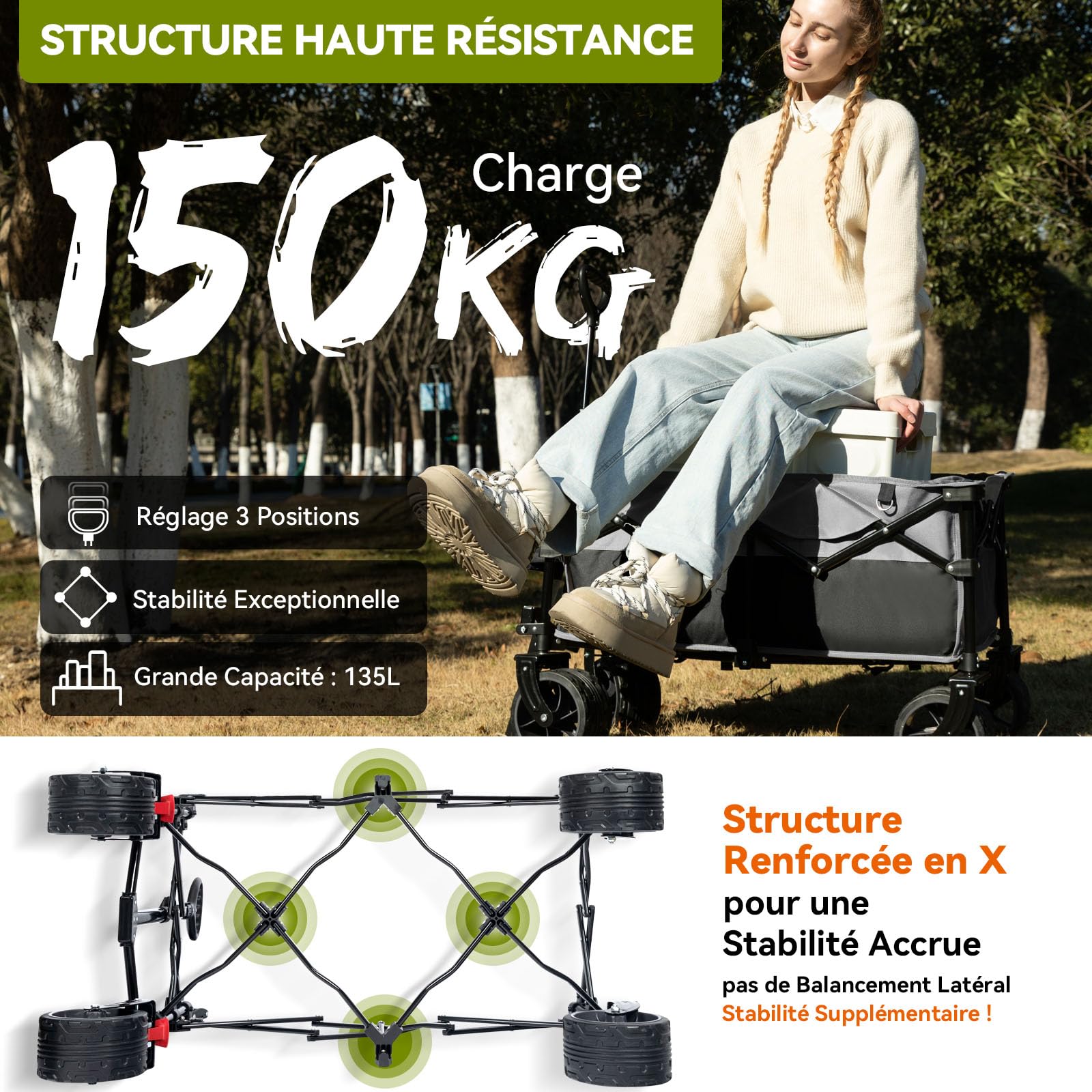 HIKENTURE Chariot de Transport Pliable avec Frein 135L 150KG - Roues Extra Larges 20x10cm - Tout Terrain pour Plage, Courses, Camping, Festival, Jardin, Pêche, Noir/Gris