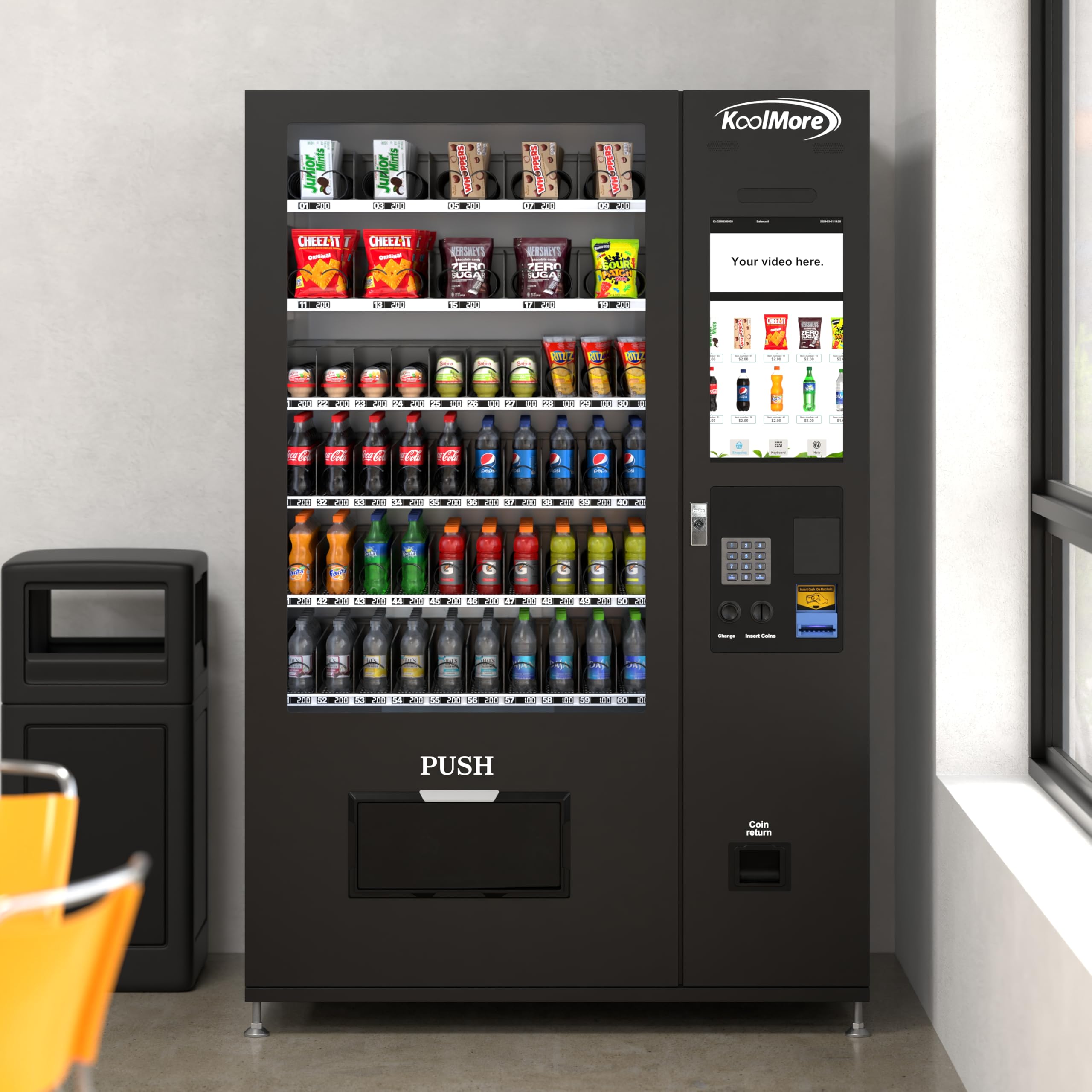 KoolMore KM-VMRT-50-BCR Snack Vending Machine 22 Inch CC Reader and Coin/Bill Acceptor in Black, 60 Slots/Refrigerated with Touch Screen