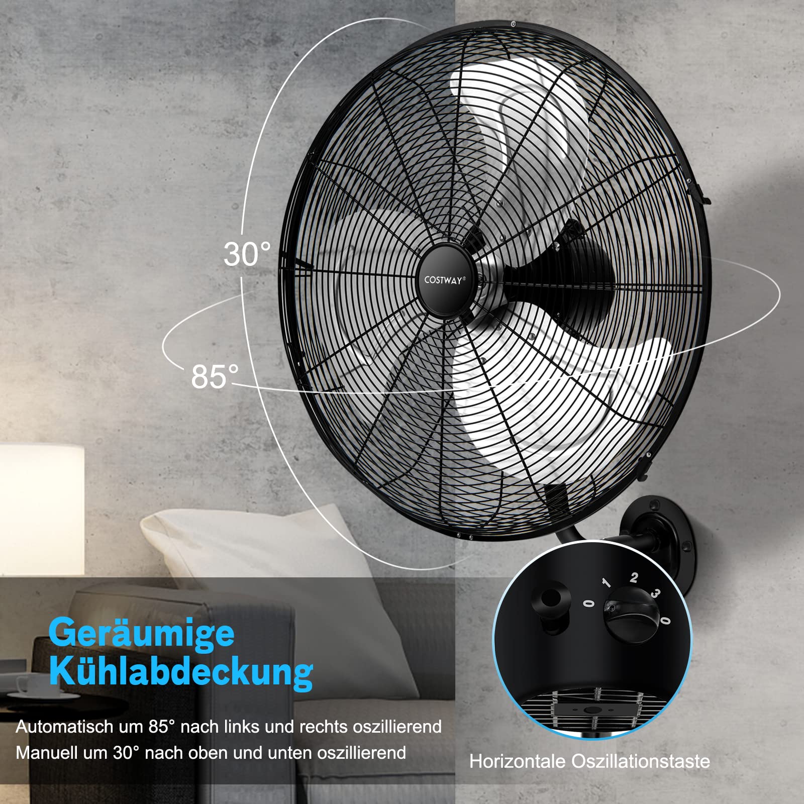 COSTWAY Φ56cm Wand-Ventilator Industriell, Oszillierend 3 Stufen für Lager, Werkstatt