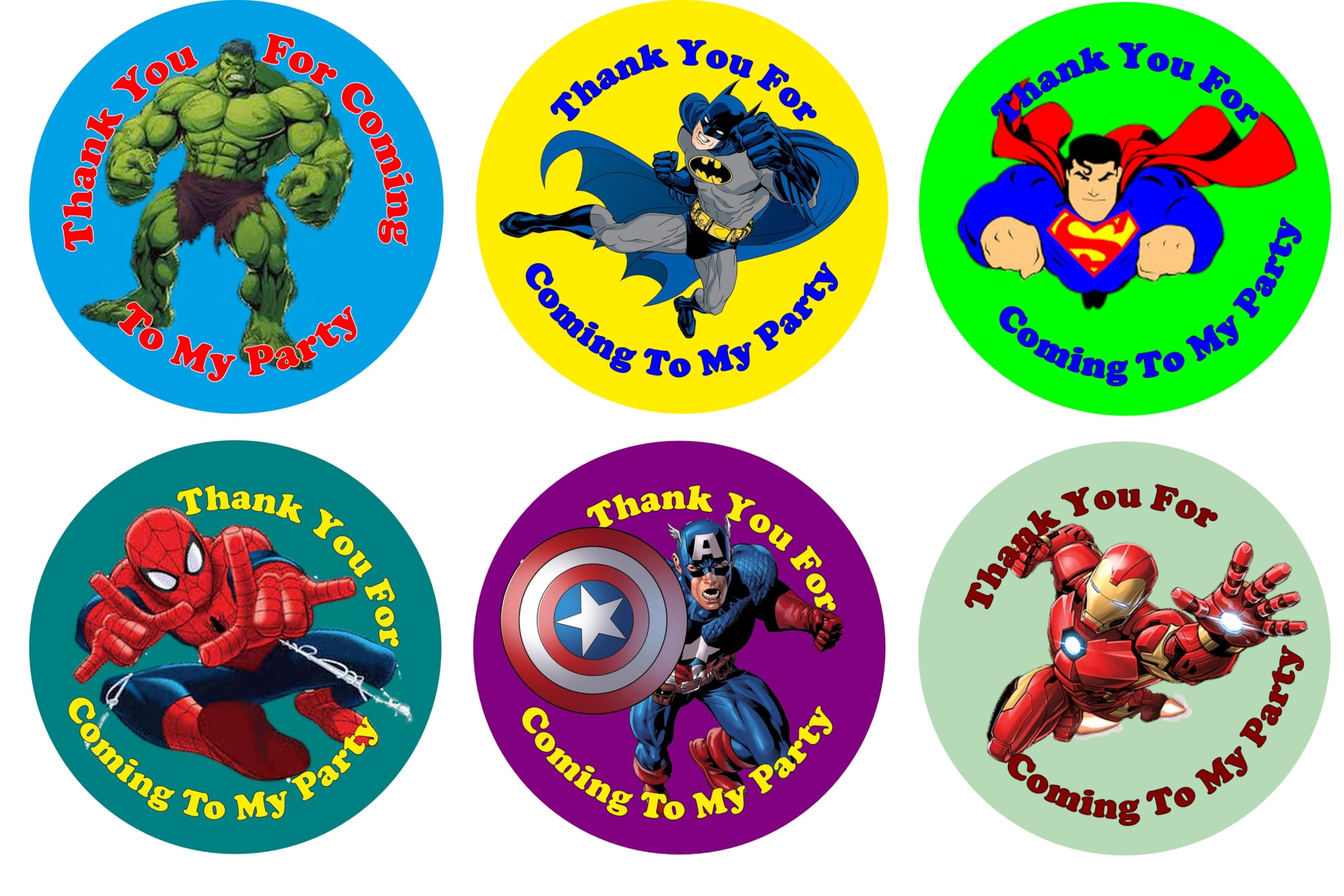 Rixon and Bryce 48 Superhero Birthday Party Stickers, Thank You For Coming, Multicoloured Cartoon Stickers, Paper, 45mm Round, Boys & Girls, 1 Count