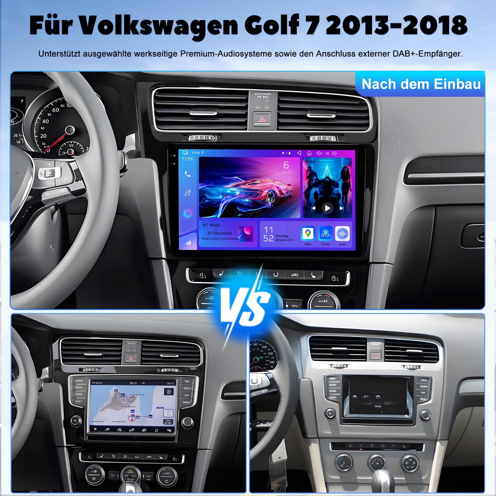 10 Zoll Autoradio für VW Golf 7 VII 2013-2018, 4GB+64GB Android 13 Autoradio mit Wireless CarPlay & Android Auto, QLED 1280×720 Touchscreen, GPS, WLAN 2.4G/5G, DSP 32EQ, FM/AM RDS, AHD Rückfahrkamera