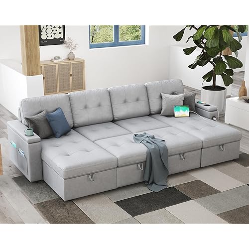 AMERLIFE 109 Inch Sofa Bed, Pull Out Sofa Bed with 2 USB Ports & Cup Holders, U Shaped Sleeper Sofa Bed with Dual Storage Chaise- Light Grey