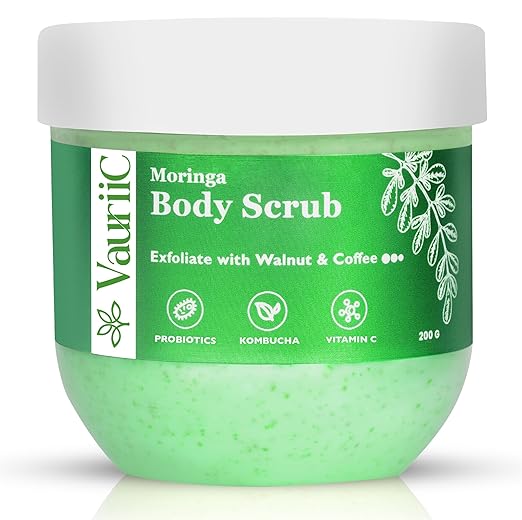 VauriiC De Tan Moringa Exfoliating Body Scrub 200 gms for Glowing, Soft, Smooth Skin | Remove Tan, Blackhead, Dirt & Dead Skin with Coffee, Walnut, Vitamin C, Probiotics & Niacinamide | Paraben & Sulphate Free |100% Vegan, Bathing Scrub | Men & Women | All Skin Type