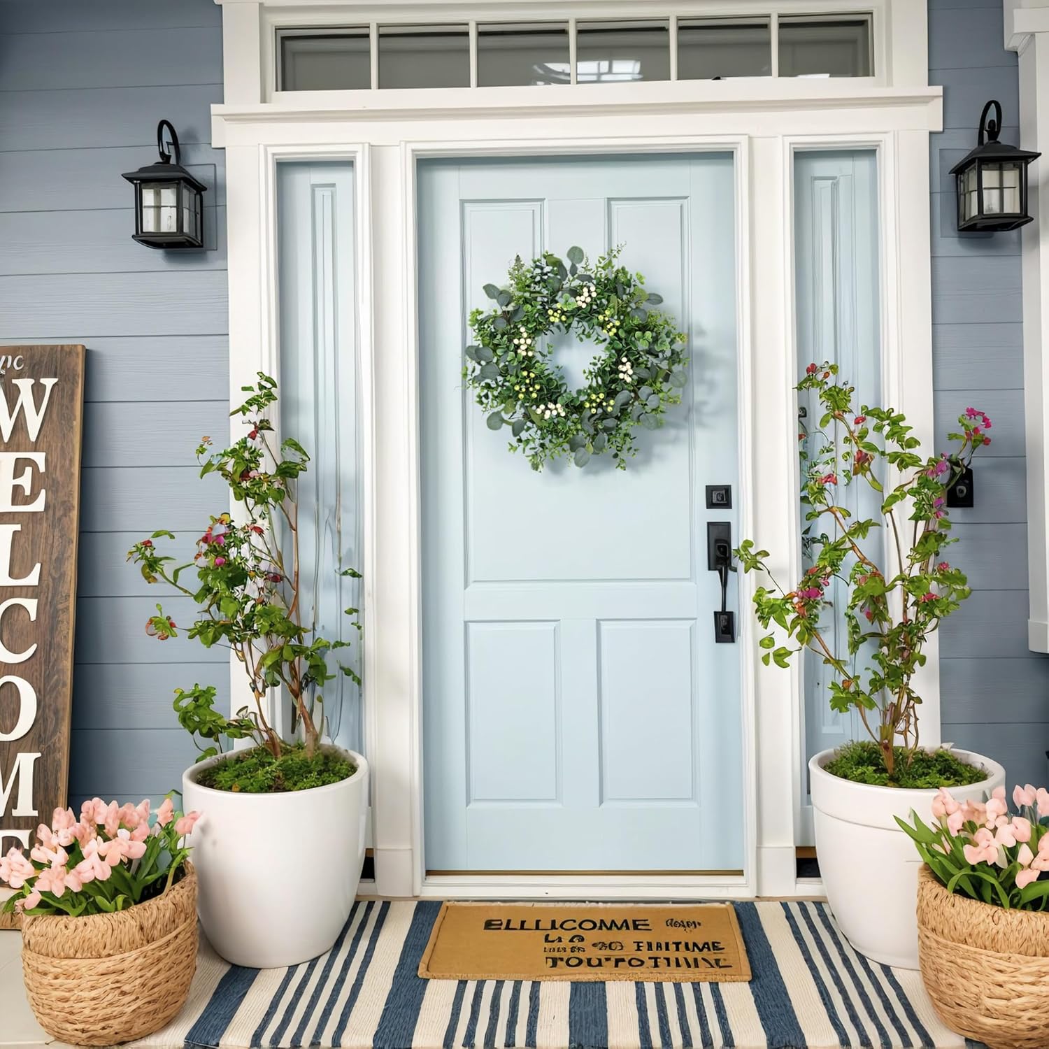 26 Inch Eucalyptus Wreath Spring Summer Wreaths for Front Door, Artificial Large All Seasons Wreaths with for Farmhouse Porch Wall Living Room Home Wedding Decor