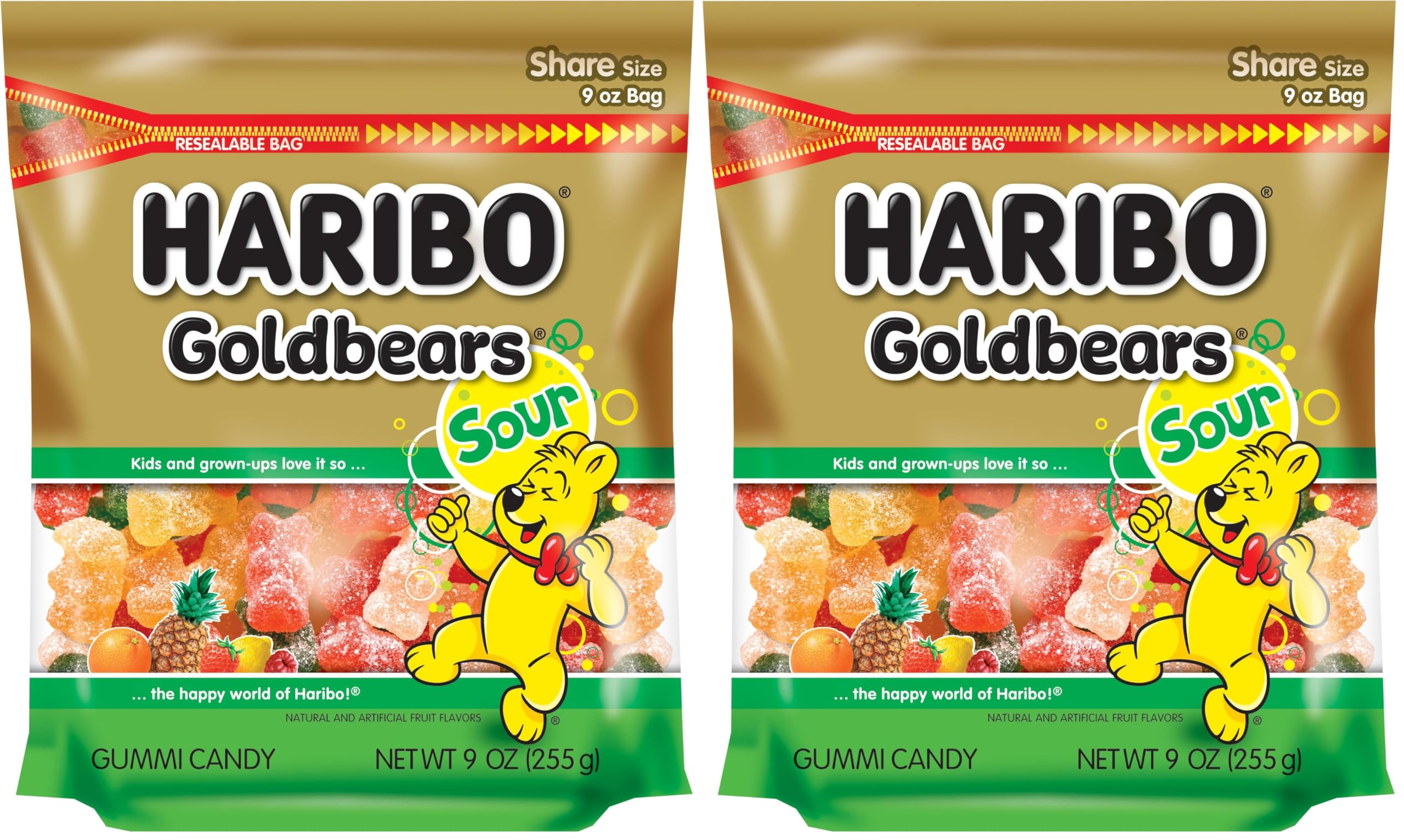HARIBO Gummi Candy, Sour Goldbears, 9 oz. Stand Up Bag (Pack of 12)