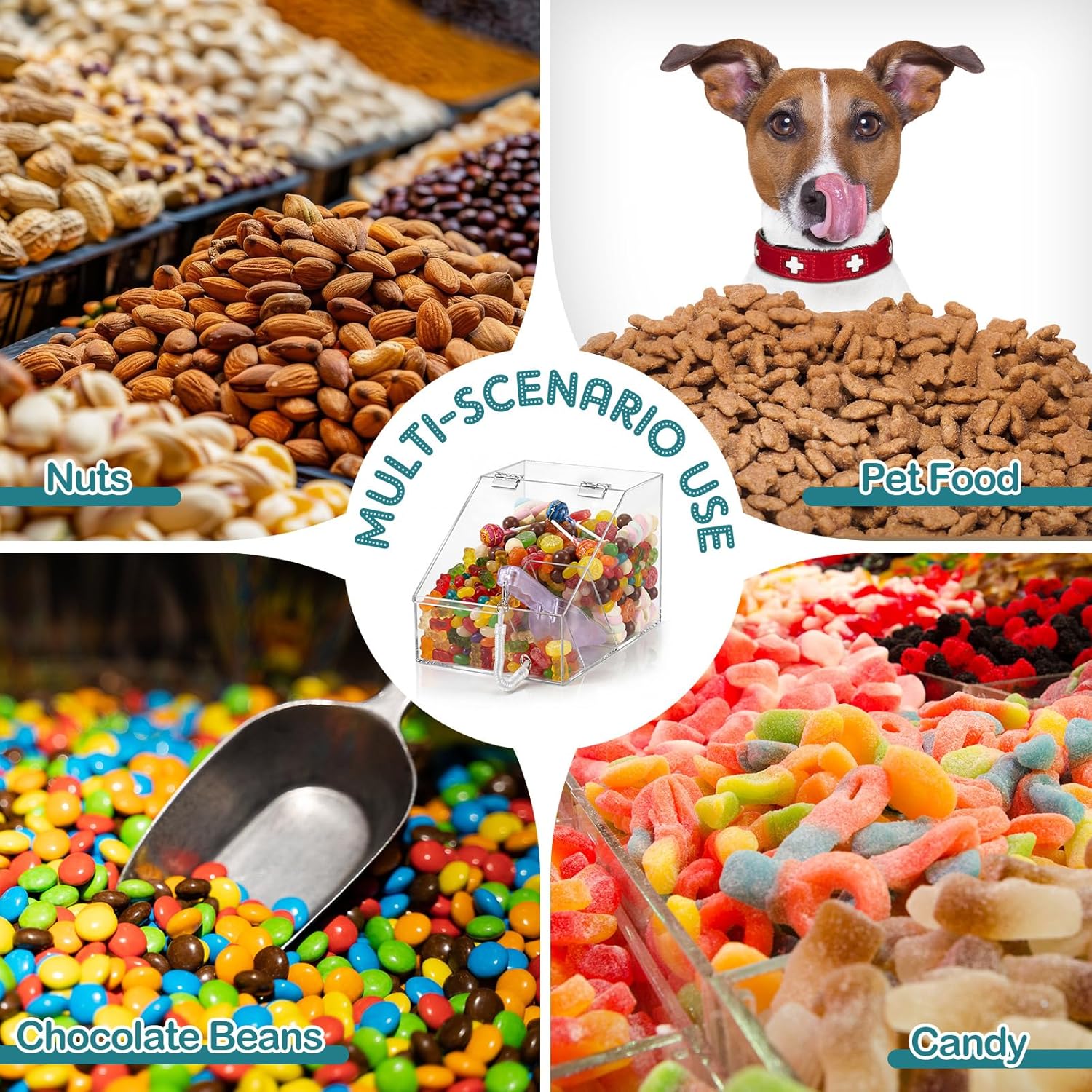 Sintuff Large Acrylic Candy Bin with Scoop 1.5 Gallon Candy Dispenser Bin Clear Lift Open Top Topping Containers for Cereal, Nuts, Bulk Candies, Snack, Pet Food Storage