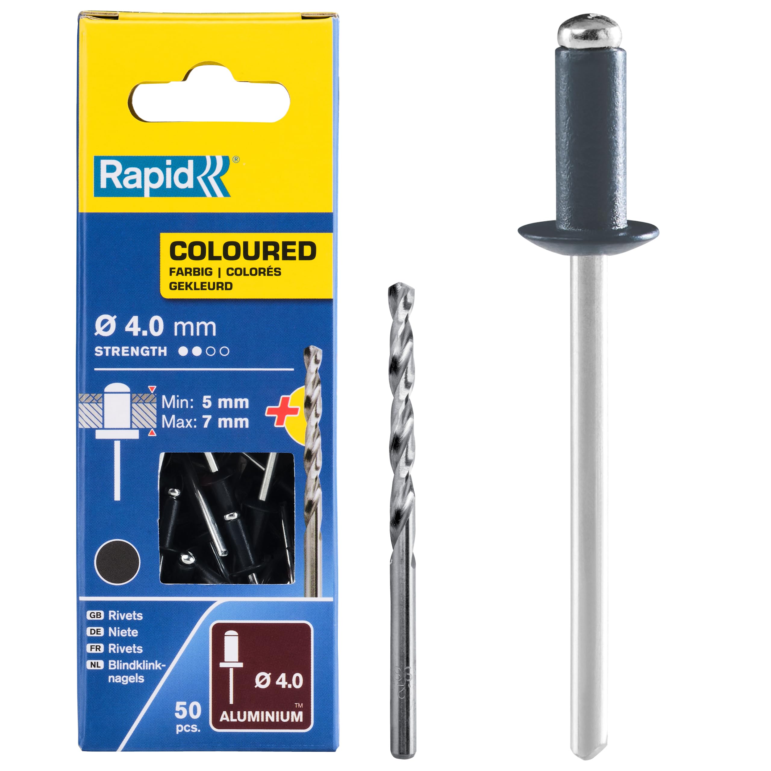Rapid Dark Grey High Performance Anthracite Grey Aluminium Rivets, Ø4 X 10 Mm - 4Mm Rivets For Gutters, Piping, And Sheet Metal - Includes Drill - 50 Pieces, Carton Boxed (5001465)
