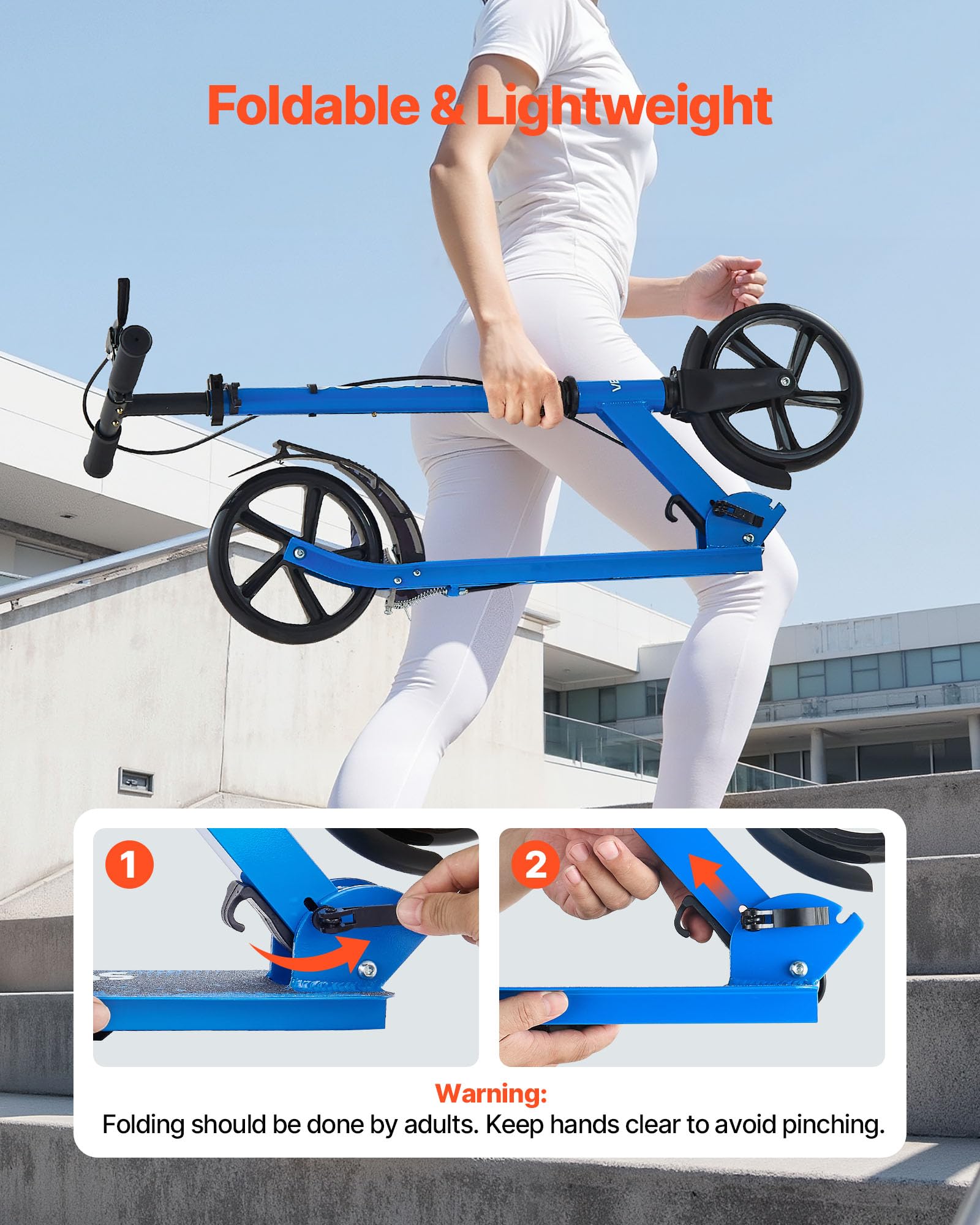 VEVOR Monopattino con 2 Ruote per Bambini da 8 Anni, Monopattino Pieghevole per Mobilità Urbana Carico max. 100kg Altezza Regolabile a 3 Livelli, Pedana Antiscivolo e Freno a Mano, Nero Blu