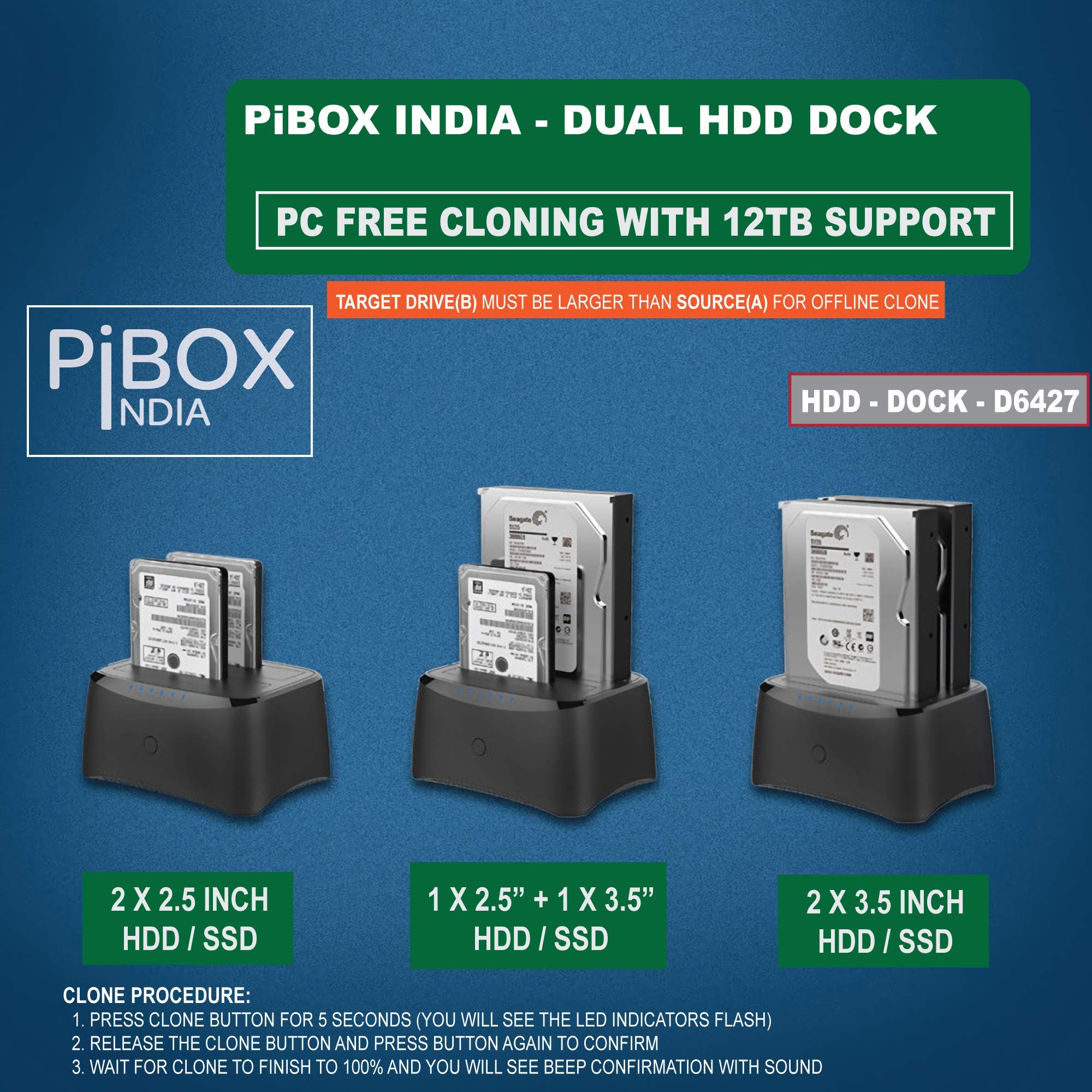 PiBOX India, Dual Bay USB 3.0 to SATA I, II, III Hard Drive Docking Station Upto 12TB for 2.5 or 3.5in HDD, SSD with Hard Drive Duplicator Offline Clone and Auto Sleep and UASP - Top-Loading Design — Amazon image 4
