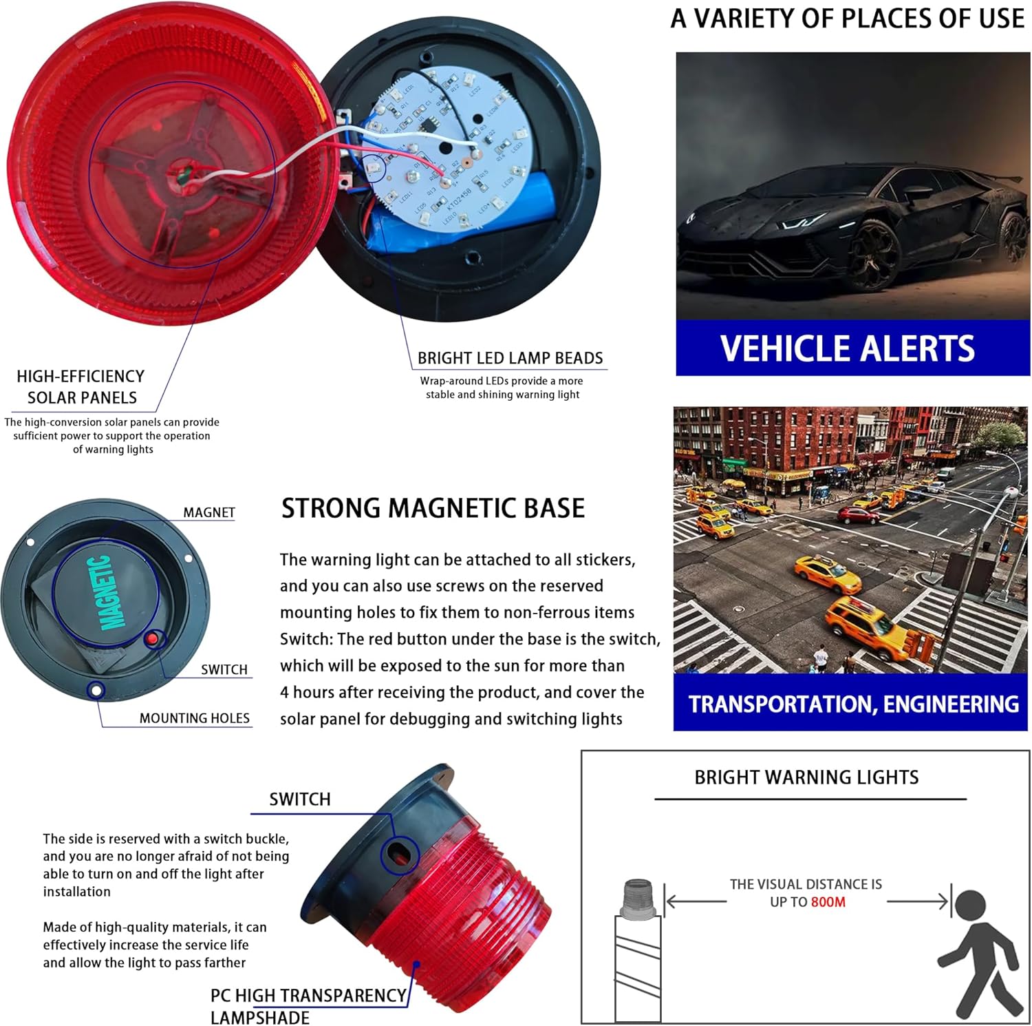 Solar Strobe Warning Light: Strong Magnetic Base Waterproof Traffic Light,Solar Safety Flashing LED Lamp for Construction, Traffic, Factory, Safety Sign, Crane Tower, Boat Navigation (Red 4 PCS)