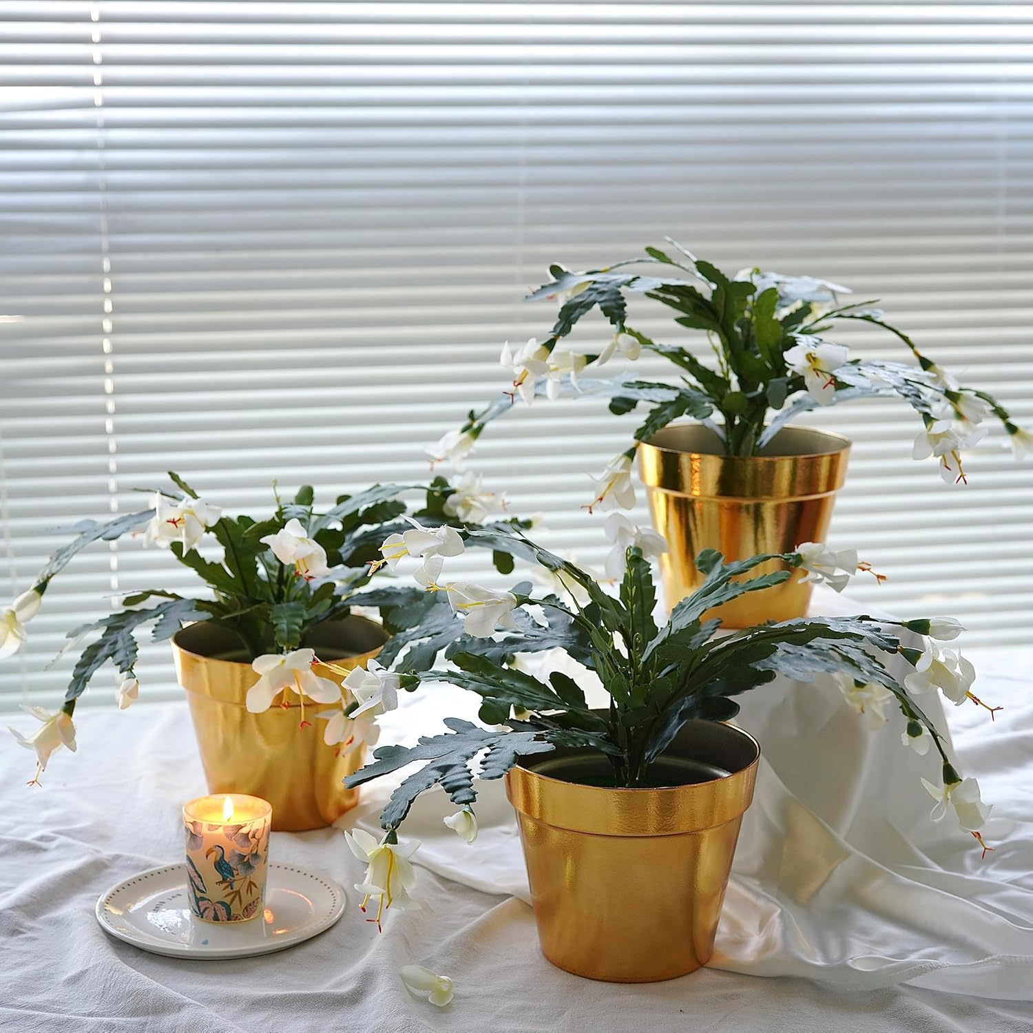 alyptus Artificial Christmas Cactus White Flowers Silk Fake Plants with Pot Set of 3 for Outdoor Indoor Festive Home Décor (White)