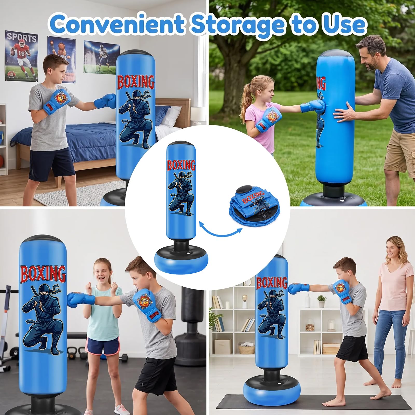 Qoosea Sacco da Boxe per Bambini, 165cm Stabile Pungiball Bambini con Guantoni de Box, Sacco da Boxe da Terra Gonfiabile per Taekwondo Karate MMA, Regalo per Ragazzi Ragazze