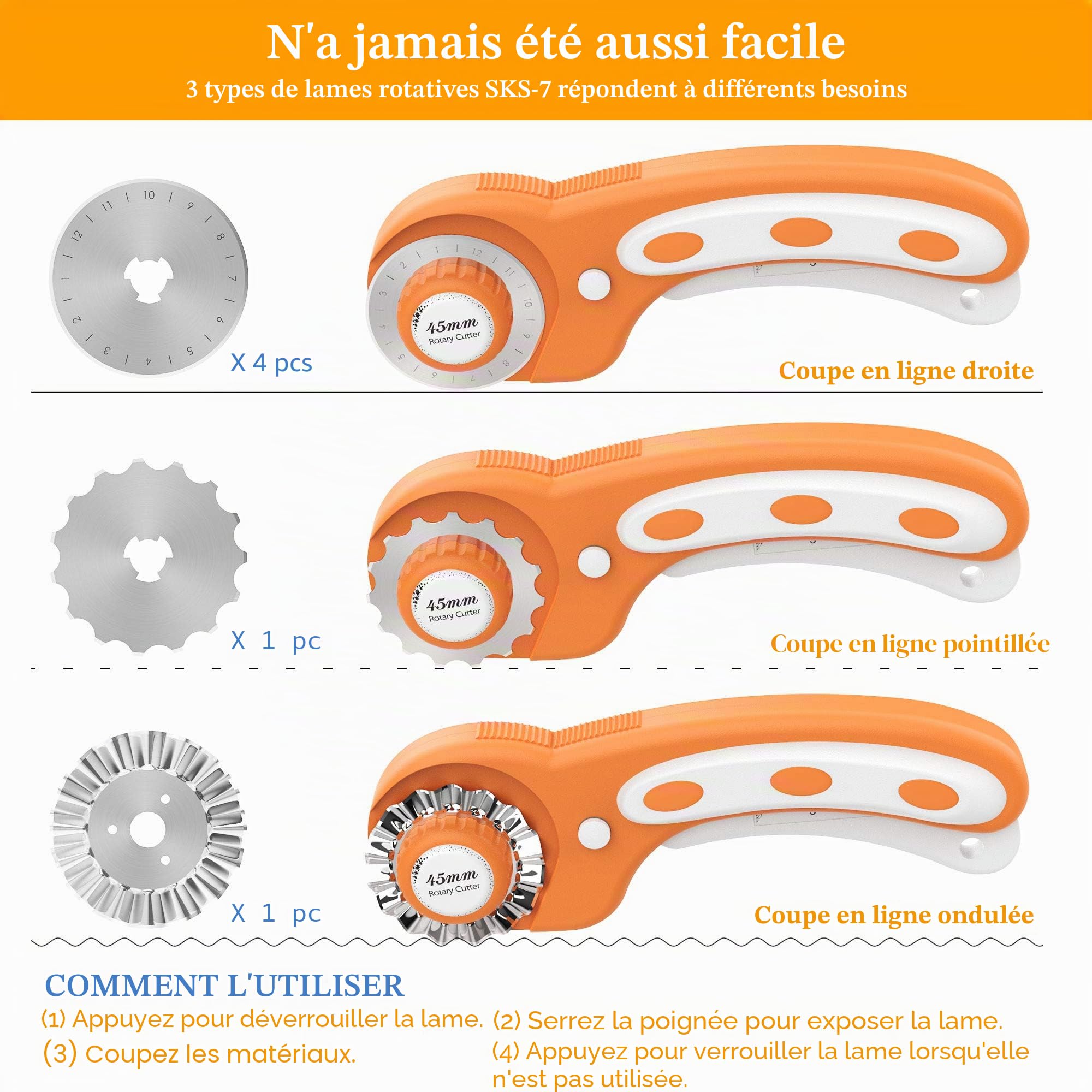 Cutter Rotatif Couture, 45 mm Cuter Rotatif Couture, Permettant une Découpe Précise de Tissus, Cuir, Papier, Fibres, etc., y Compris la Boîte de Stockage et 6 Cutter Rotatif Tissu Lames de Rechange