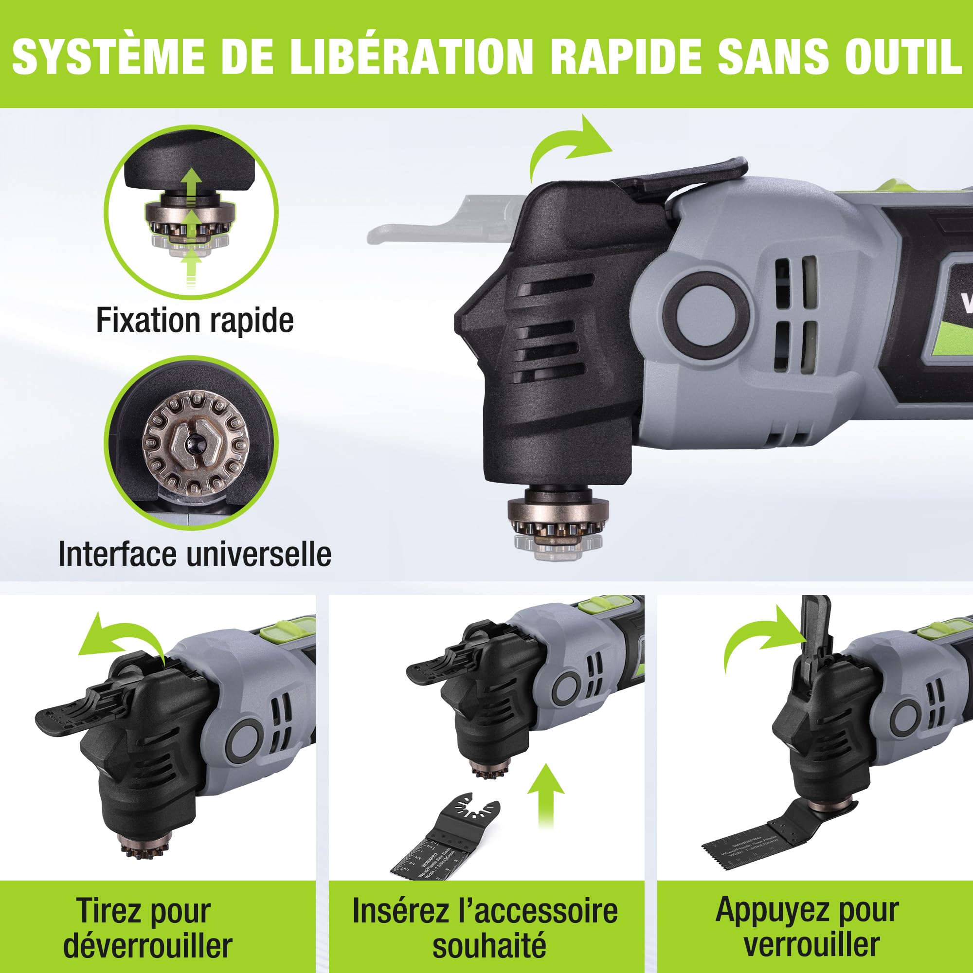 WORKPRO Outil Multifonction Oscillant 400 W, 6 Vitesses Réglables, 23 Accessoires, Angle d'Oscillation 3,5°, pour Sciage, Grattage, Sablage, Façonnage, Polissage, Coupe
