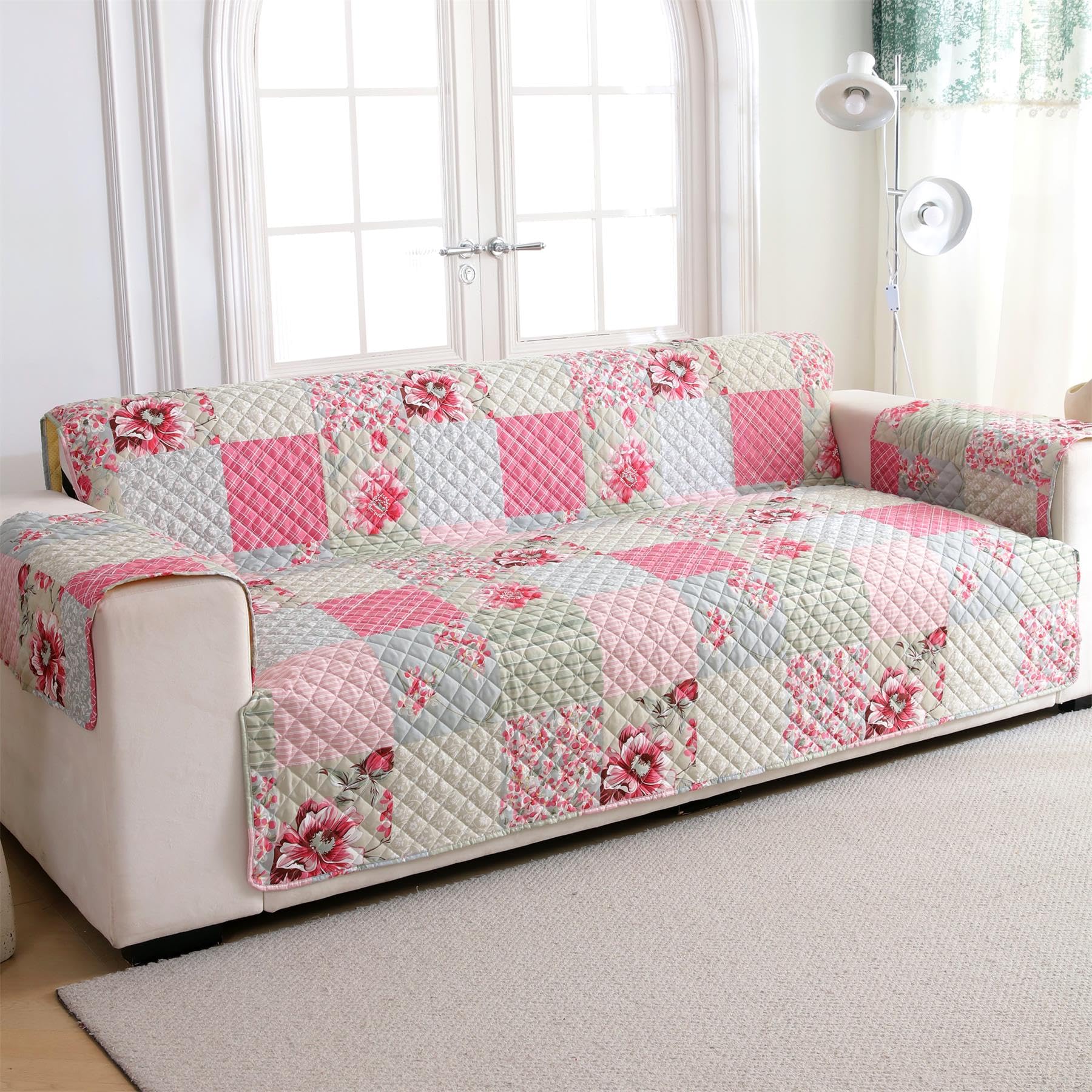 Cmfshape Skidproof Sofa Cover-Patchwork Sofa Slipcover with Elastic Straps-Easy Fit Slip Cover-Rose Washable Furniture Protector for Pets and Kids(