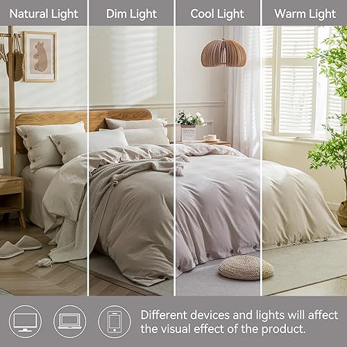 Miniatura 9 de JELLYMONI - Funda de edredón de algodón, tamaño King, color caqui claro, con botones, 3 piezas, transpirable, suave, unicolor, de 104 x 90 pulgadas