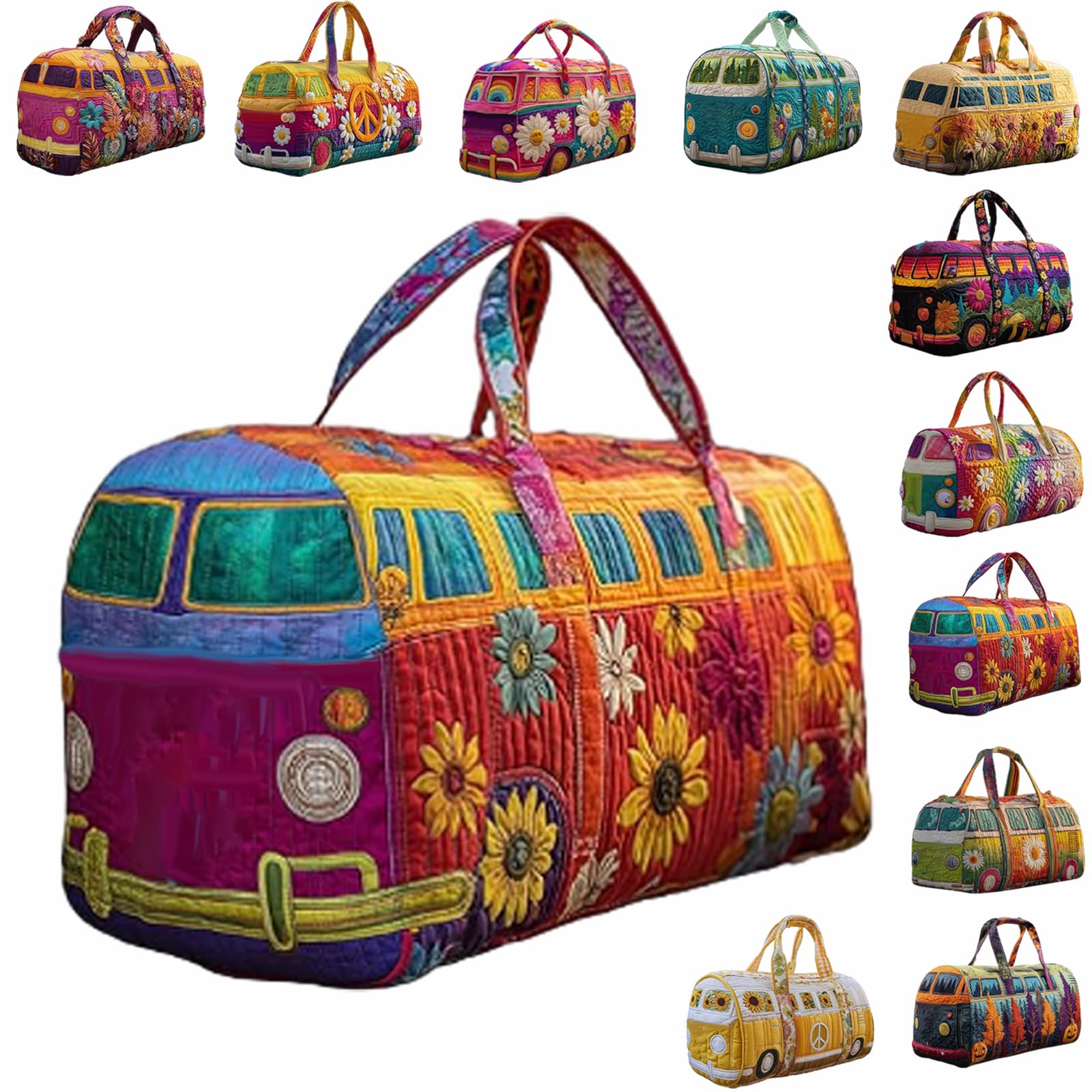 Hippie Van Quilted Duffle Bag, Boho Travel Weekender Bag with Adjustable Strap, Retro Style for Everyday Travel (#04, Large (18"x9"x9"))