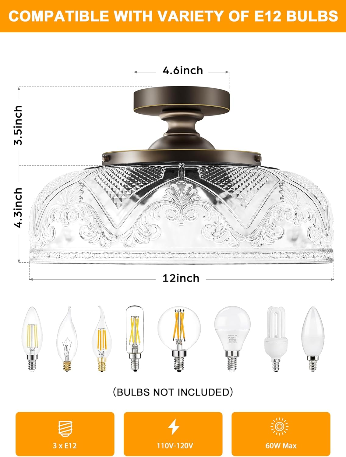 Semi Flush Mount Ceiling Light, 12 Inch Large Bronze Ceiling Light Fixture, 3-Light Globe Glass Farmhouse Kitchen Lighting Fixtures for Bathroom, Hallway, Dining Room (Bulb Not Included)
