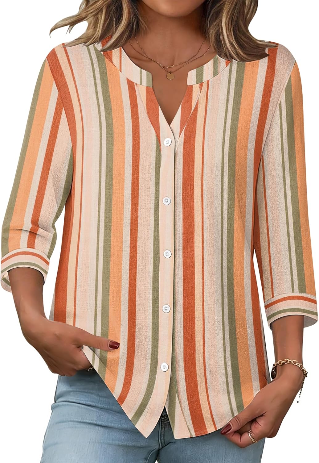 Zeagoo Button Down Shirts for Women 3/4 Sleeve Linen Cotton V Neck Tops Dressy Casual Loose Work Blouses