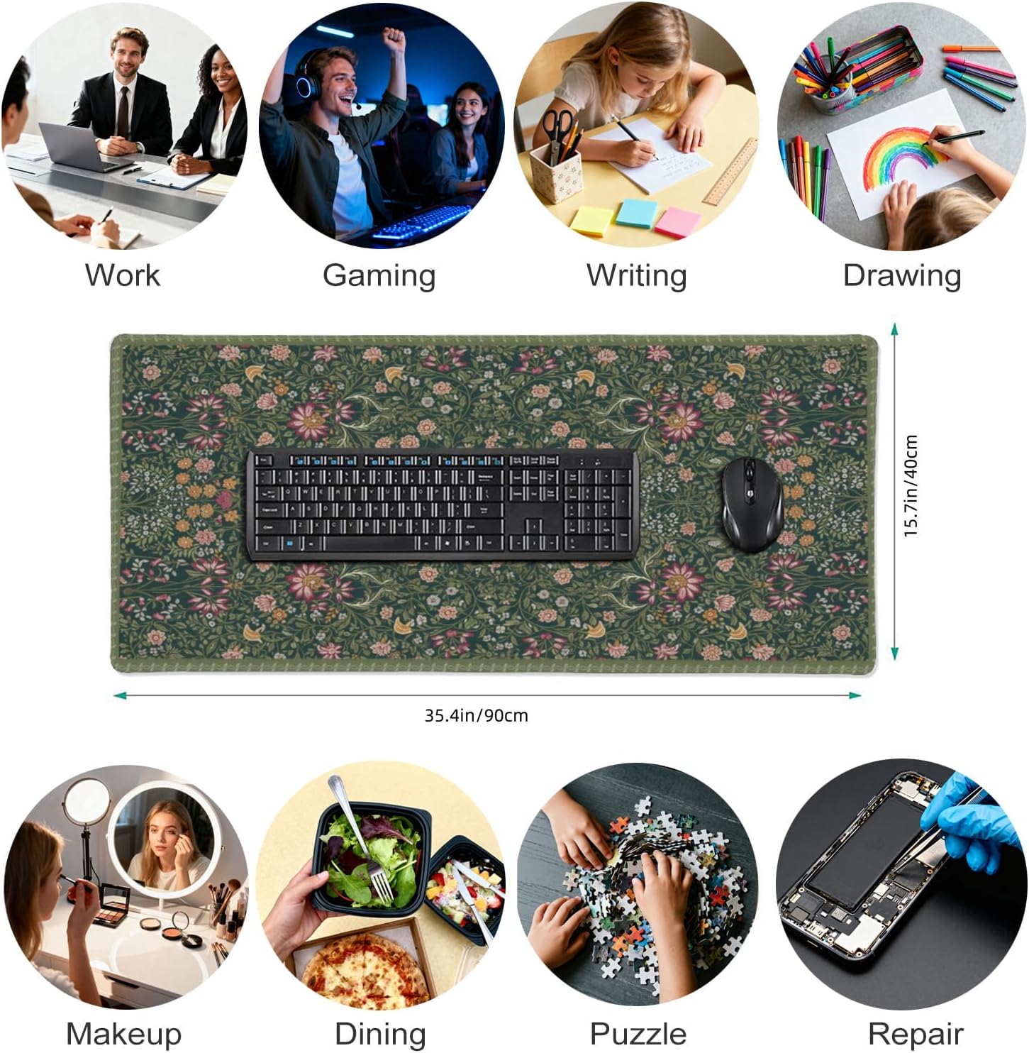 Dark Green Floral XXL Desk Mat, Extra Large Mouse Pad with Anti-Slip Base & Stitched Edges for Women, Aesthetic Desk Pad for Home Office Computer, Keyboard Mat Office Supplies Decor