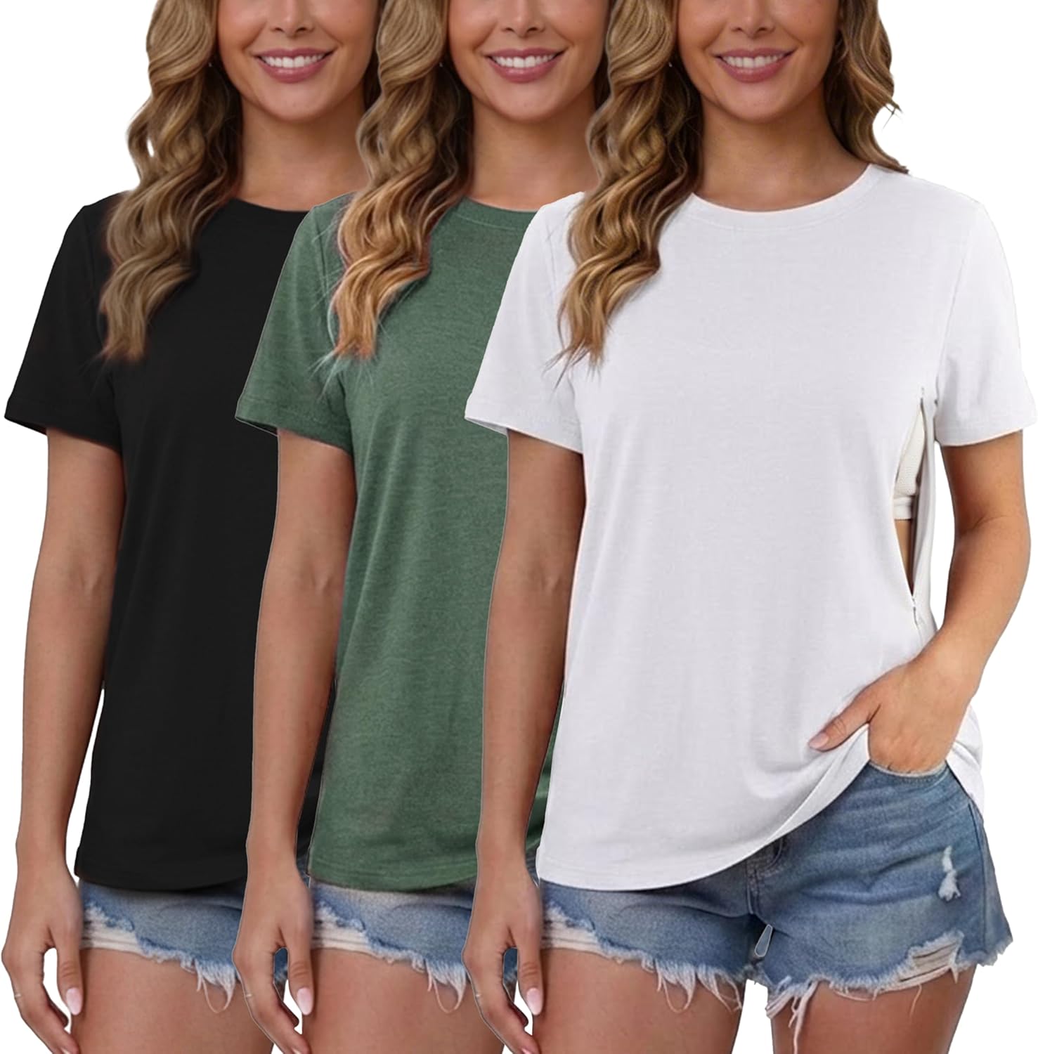 Ecavus Women's 3-Pack Nursing Shirts for Breastfeeding with Hidden Zippers Loose Fit Maternity Tops