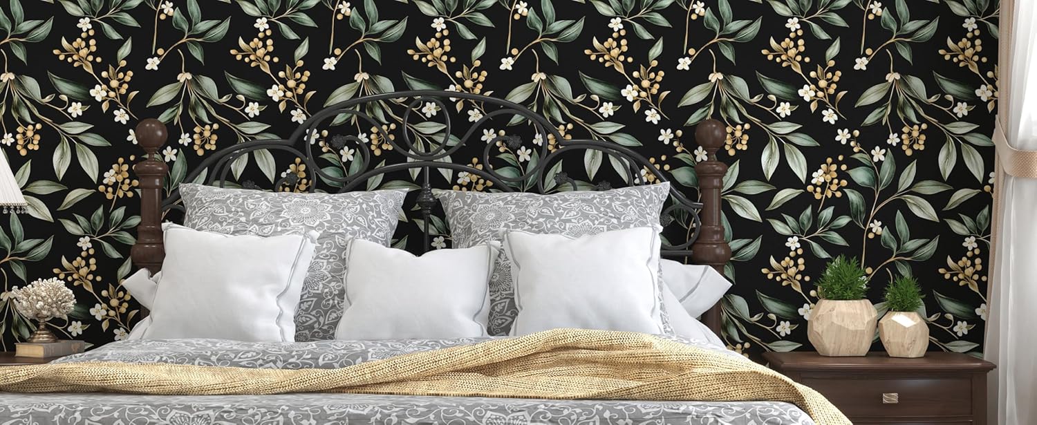 Extra Long Dark Peel and Stick Wallpaper 17.5" x 393" – Vintage Floral Green Leaf Botanical Self-Adhesive Vinyl Contact Paper for Bathroom Bedroom Kitchen Cabinet Drawer Walls PVC DIY Decor
