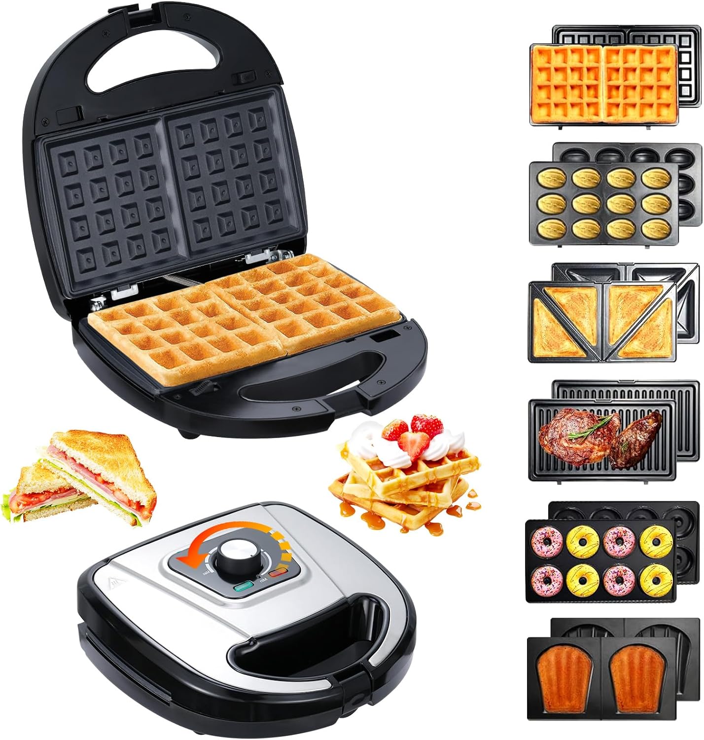 6-in-1 Waffle Maker with Removable Plates, Breakfast Sandwich Press Precise 210°F-450°F/100°C-230°C Control, Easy Clean, Meet Various Needs (6-in-1 Waffle Maker)