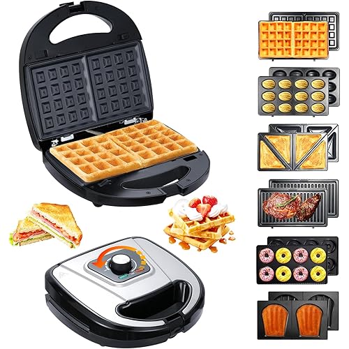 6-in-1 Waffle Maker with Removable Plates, Breakfast Sandwich Press Precise 210°F-450°F/100°C-230°C Control, Easy Clean, Meet Various Needs (6-in-1 Waffle Maker)