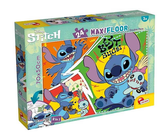 Lisciani - Puzzle DISNEY - LILO & STITCH MaxiFloor - Puzzle 24 piezas doble cara niños 3+ - Dorso para colorear - Formato 70x50 - Actividad creativa - Regalo cumpleaños