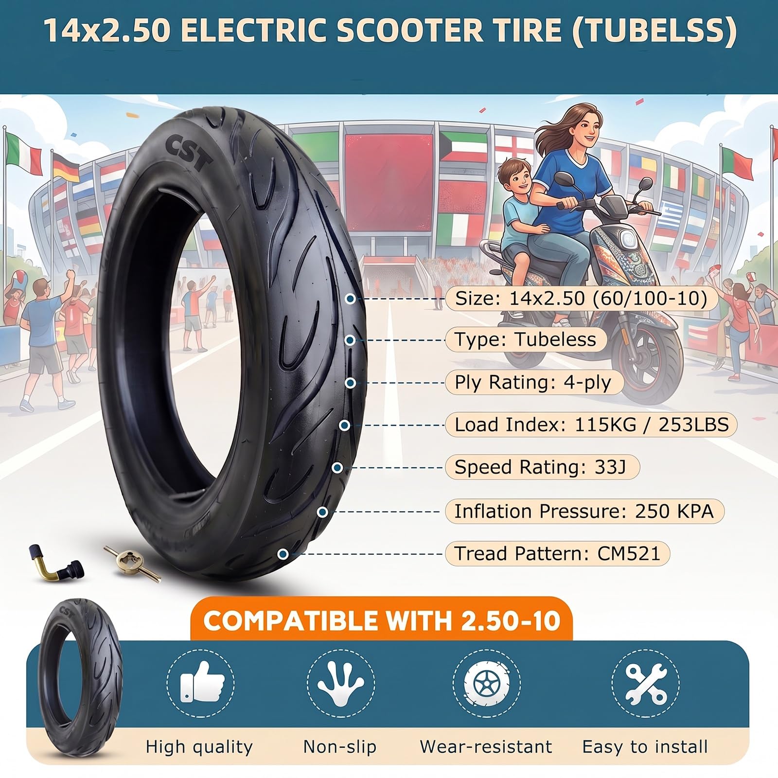 14x2.50 (60/100-10) Opona Bezdetkowa 4PR do Hulajnogi Elektrycznej E-Bike