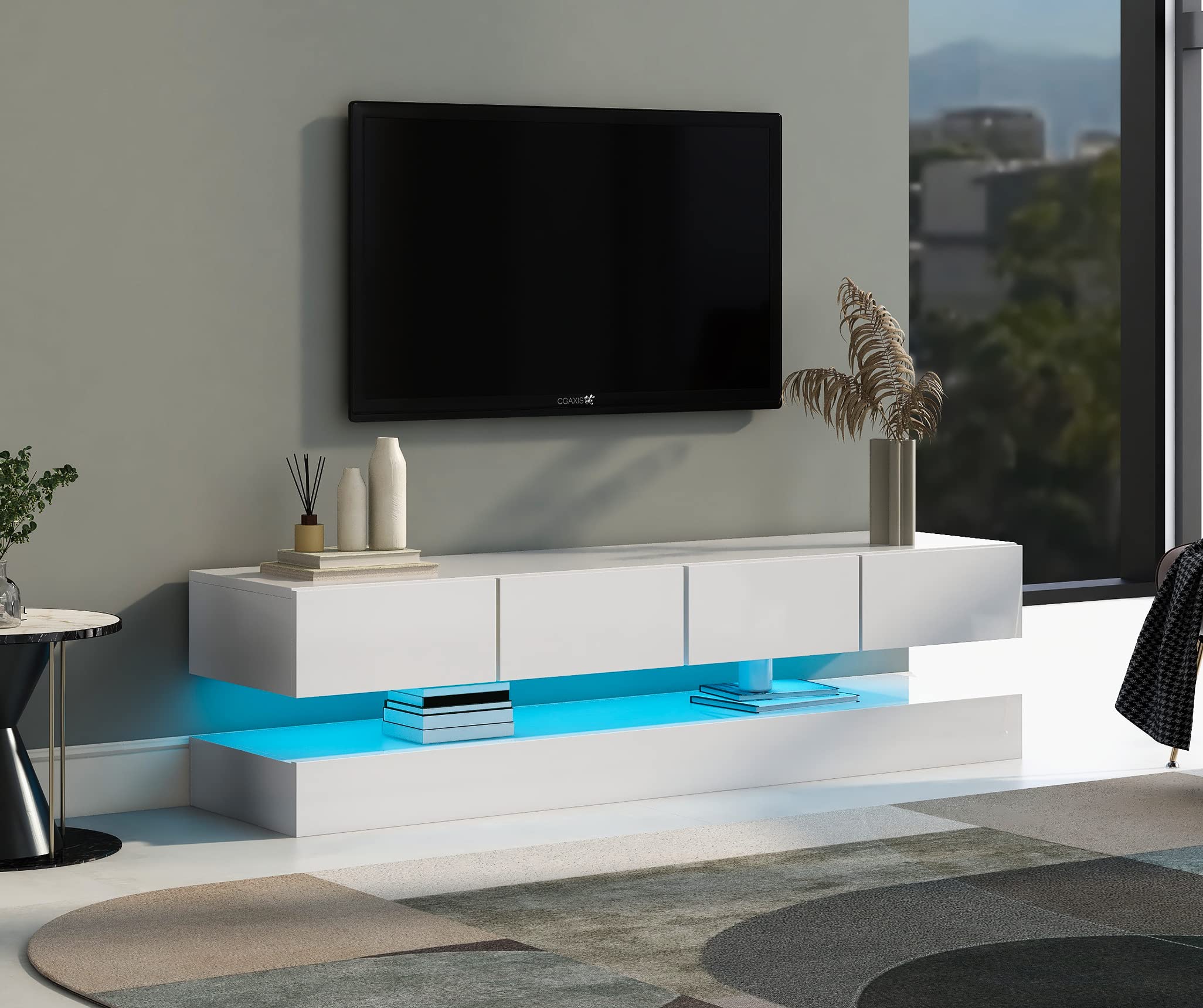 Mueble bajo LED para TV de pared, 130 x 33 x 15 cm, mueble de TV con 2 armarios y 4 cajones grandes, armario de pared para televisores de hasta 55 pulgadas, color blanco, 130 x 33 x 15 cm