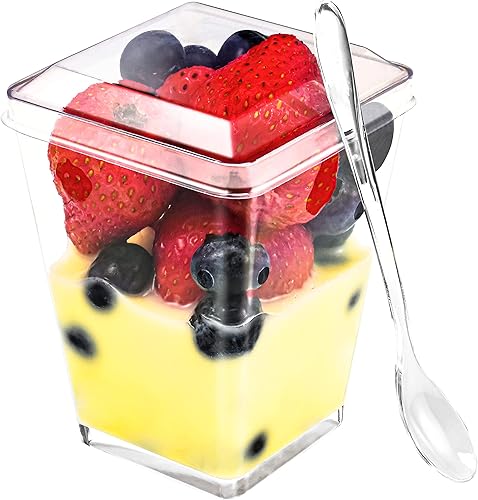 Miniatura 7 de Paquete de 100 vasos cuadrados transparentes de 5 onzas con cucharas de plástico, ideales para postres, aperitivos, pudines, mousse, parfait