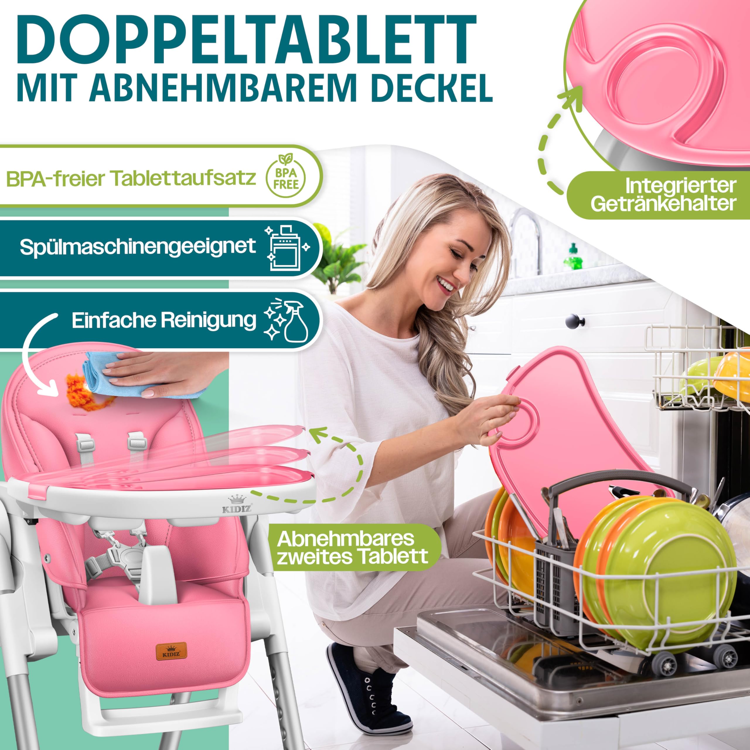 KIDIZ® Chaise haute 3 en 1 | Chaise haute pour enfant avec arceau de jeu, chaise longue pour bébé, chaise haute combinée, Siège haut pour bébé,7 hauteurs réglables, rose
