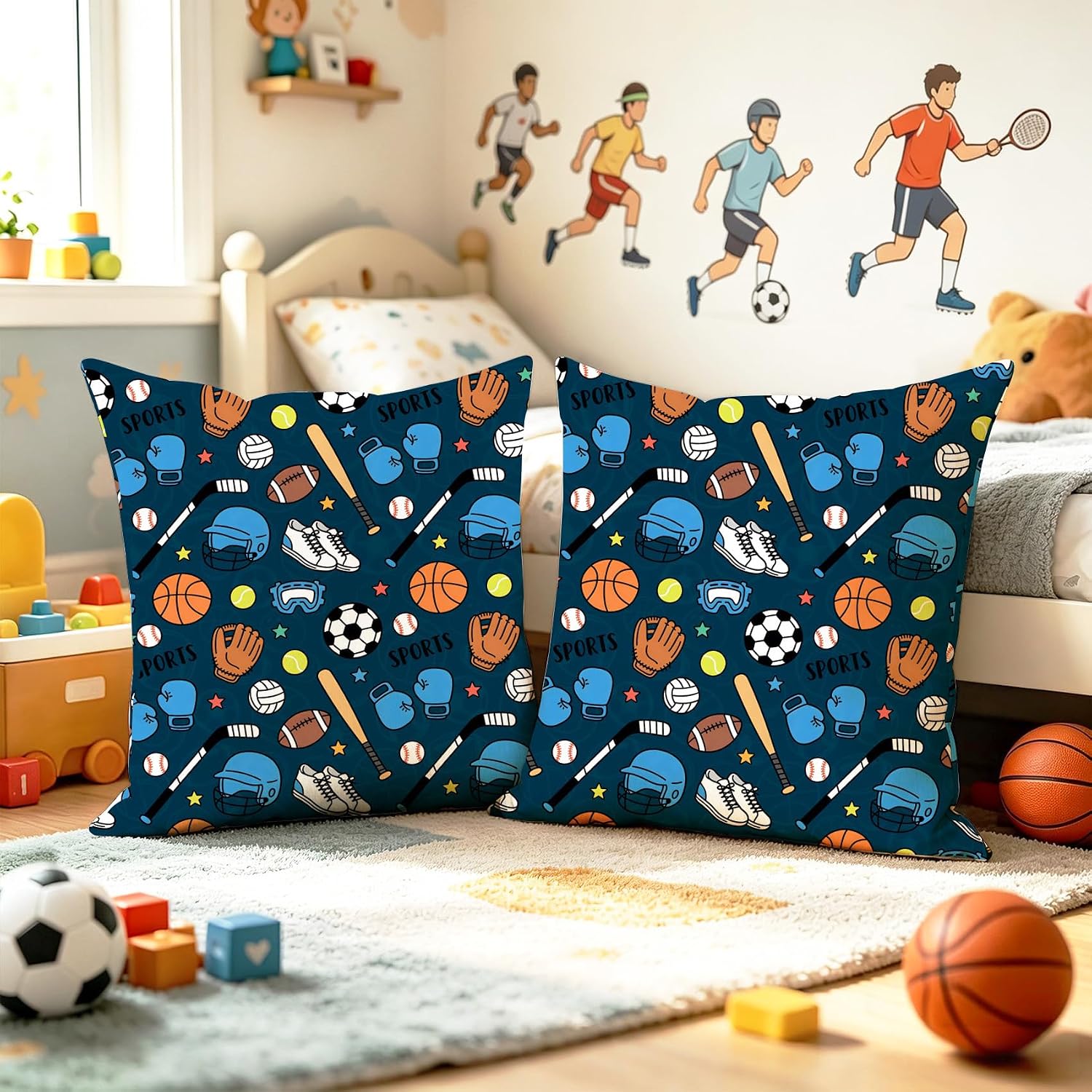 Football Basketball Baseball Sports Throw Pillow Covers 18x18 Inch, Soft Flannel Decorative Pillow Cases for Kids Bedroom Nursery Playroom, Pillowcase with Hidden Zipper, Set of 2(No Inserts)