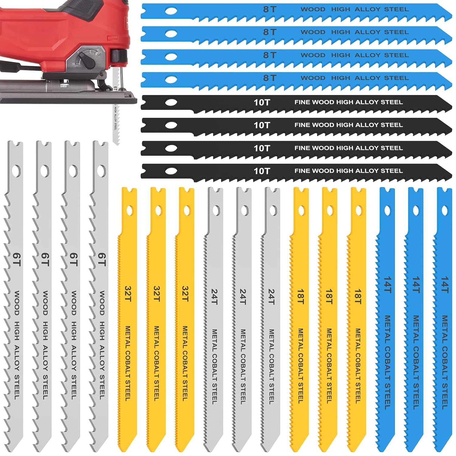 24PCS UShank Jig Saw Blade Set, Jigsaw Blades Set for Wood Plastic