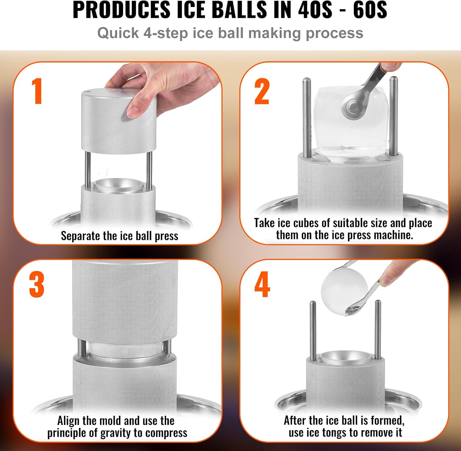 VEVOR Ice Ball Press Kit, Aviation Aluminum Ice Press with Ice Block Mold, Large Mat, Tong, Drip Tray, One Glass, Round Ice Ball Maker 2.4"/60 mm Ice Sphere, for Whiskey, Cocktail on Party & Holiday