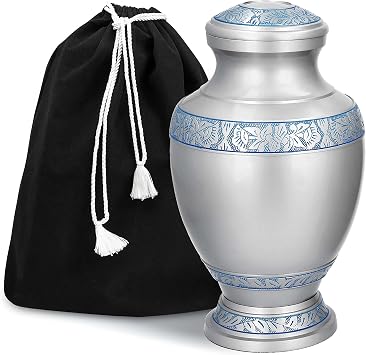 GSM Brands Cremation Urn for Adult Human Ashes - Large Handcrafted Funeral Memorial with Elegant Silver Design Aluminum - 12 Inch Height x 7 Inch Width