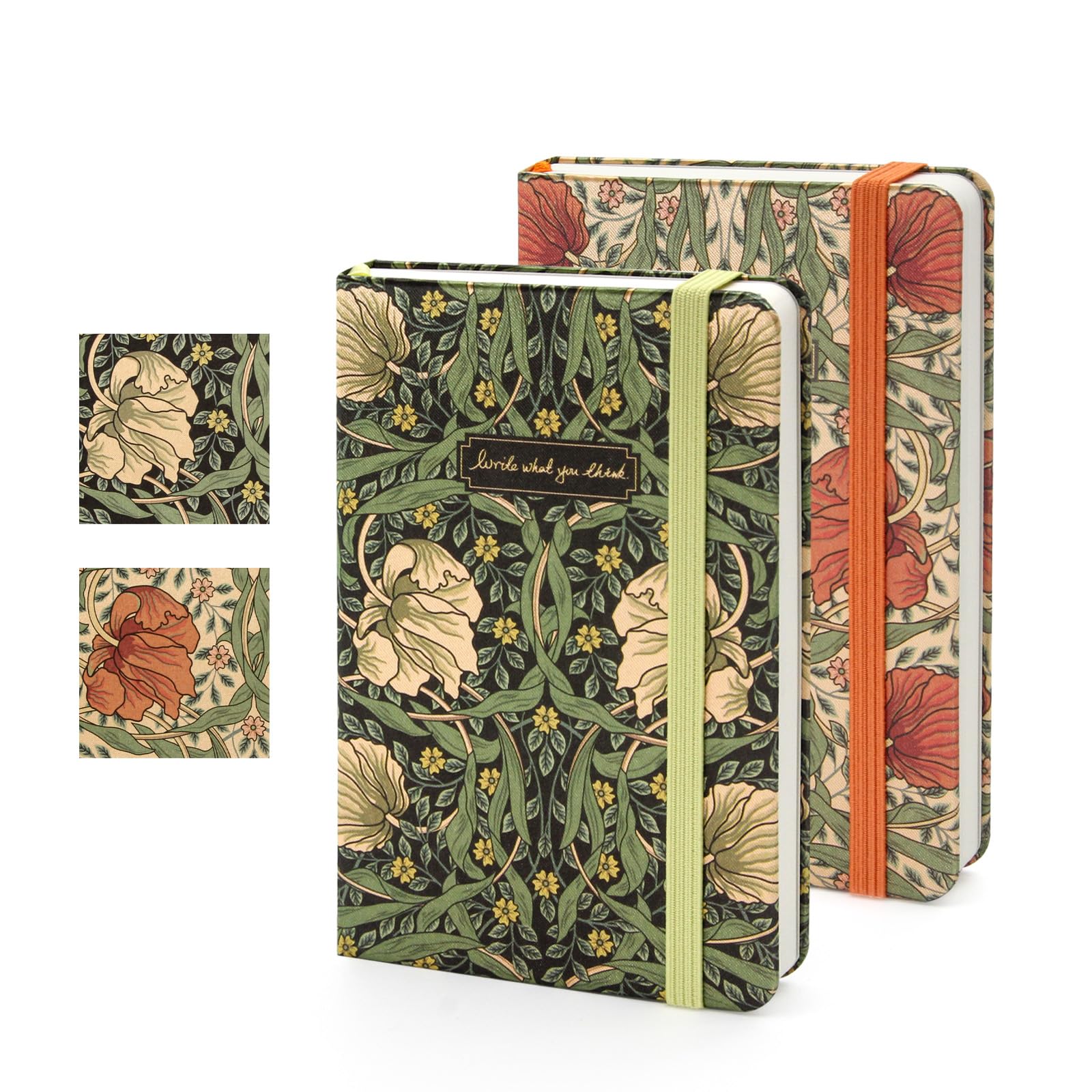 WETLOTE A6 Notebook, 2Pack, Lined, with Fabric Cover, with 148 Pages, 80GSM, Elastic Band & Inner Pocket for Office, School & University – White Floral＆Orange Blossom Cover