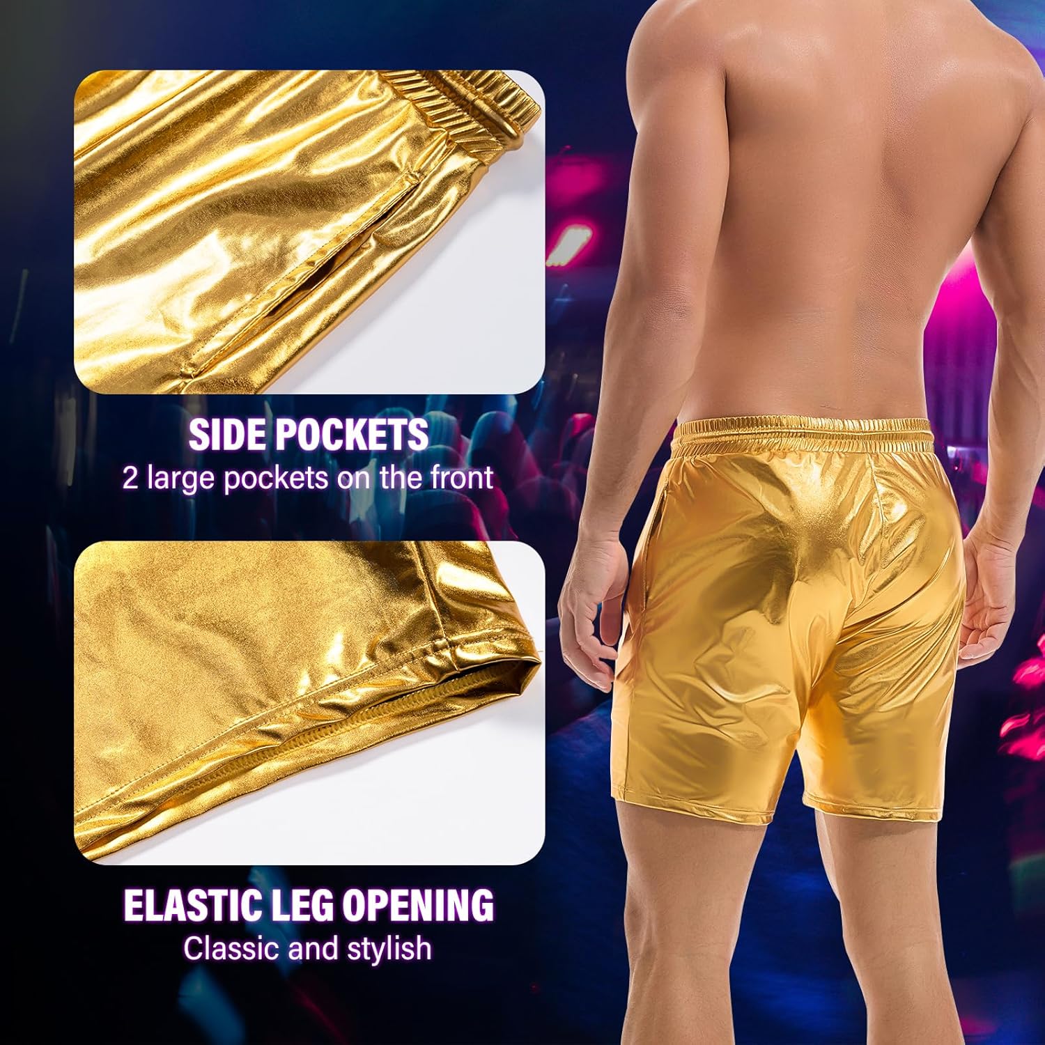 AMY COULEE Mens Metallic Shorts 5" Shiny Holographic Disco Shorts Outfit Sparkly Rave Hot Drawstring Shorts - Image 4