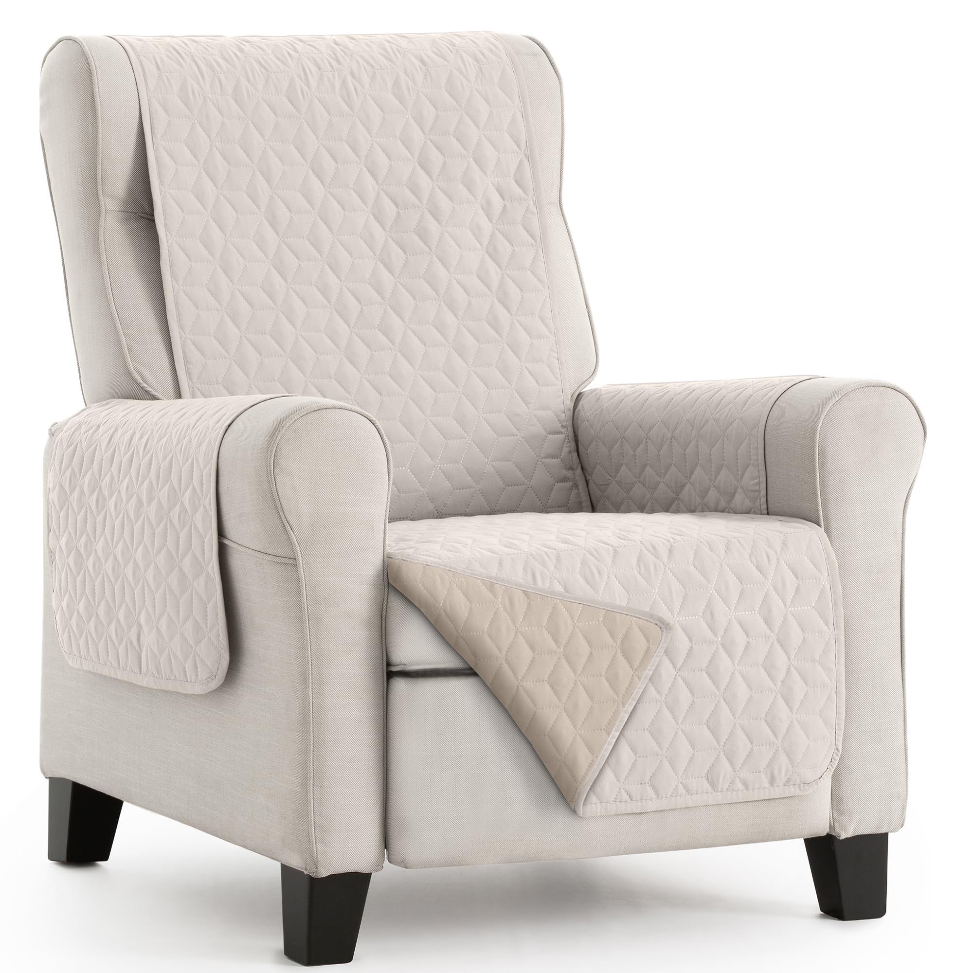 Funda para Sillon Relax 1 Plaza. Bicolor Reversible Acolchada. Protector de Sillon Orejero. Funda Sillon. Protector Mascotas. Paris. Color Marfil-Beige. Sillon 1 Plaza 55 cm