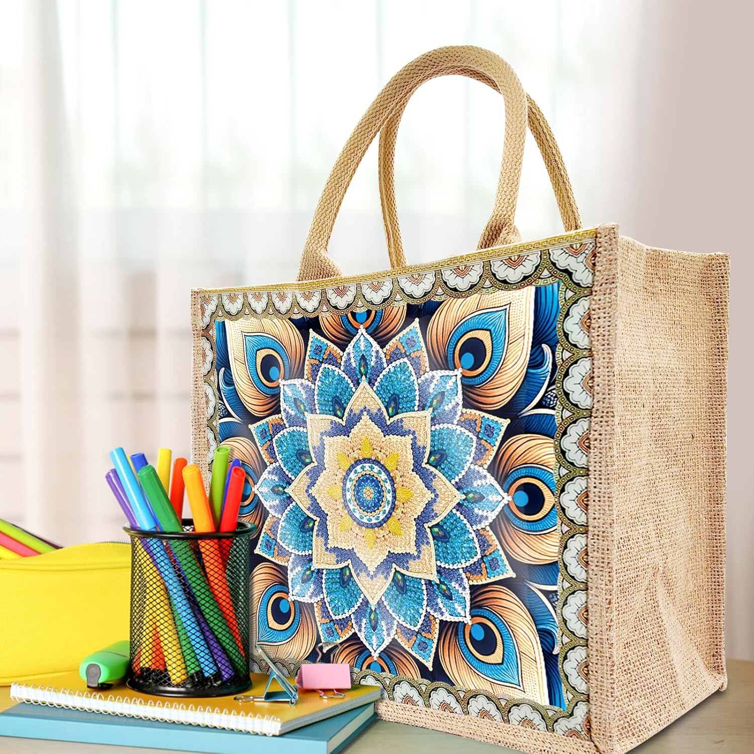 JBTM24 DIY Diamond Art Tote Bag Kit for Adults, Diamond Art Handbag Kits with 2 Pcs Replaceable Linen Pattern, Diamond Painting Creative Handbag for Women Girl Art Craft Gift