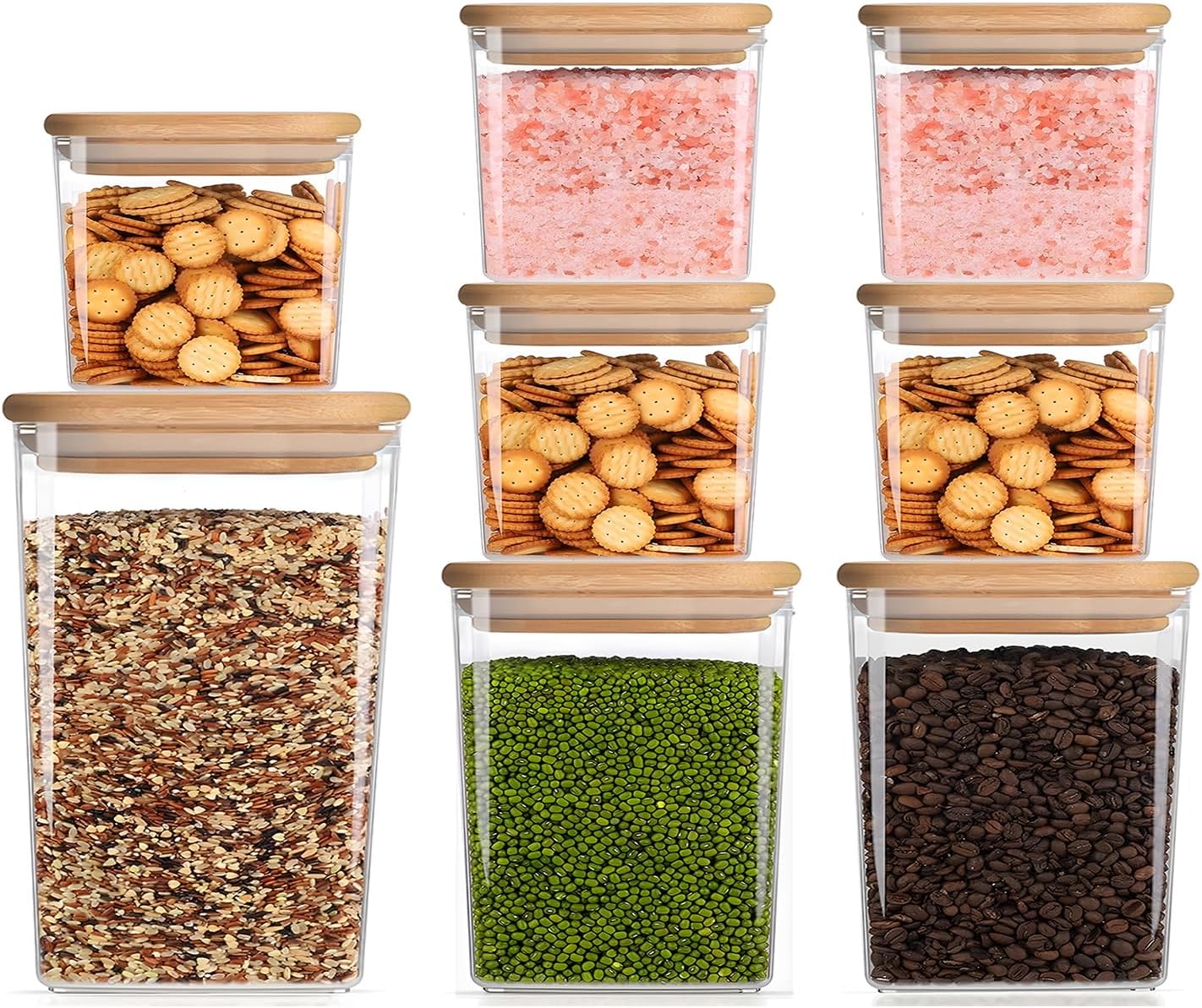 Square Storage Containers with Lids, Clear Food Storage Container Jar with Sealing Bamboo Lid for Noodles Flour Cereal Rice Sugar Tea Coffee Beans (20oz*5/40oz*2/67oz*1)